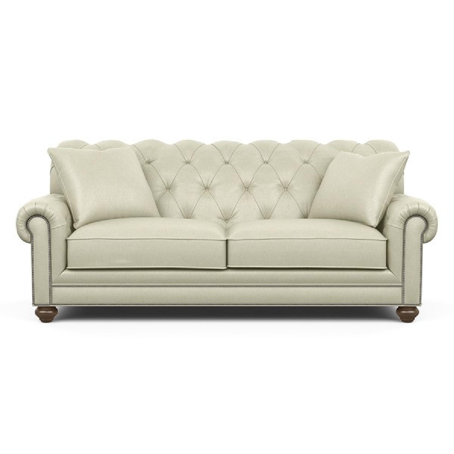 Ethan Allen Chadwick Beige Tufted Velvet Sofa AptDeco
