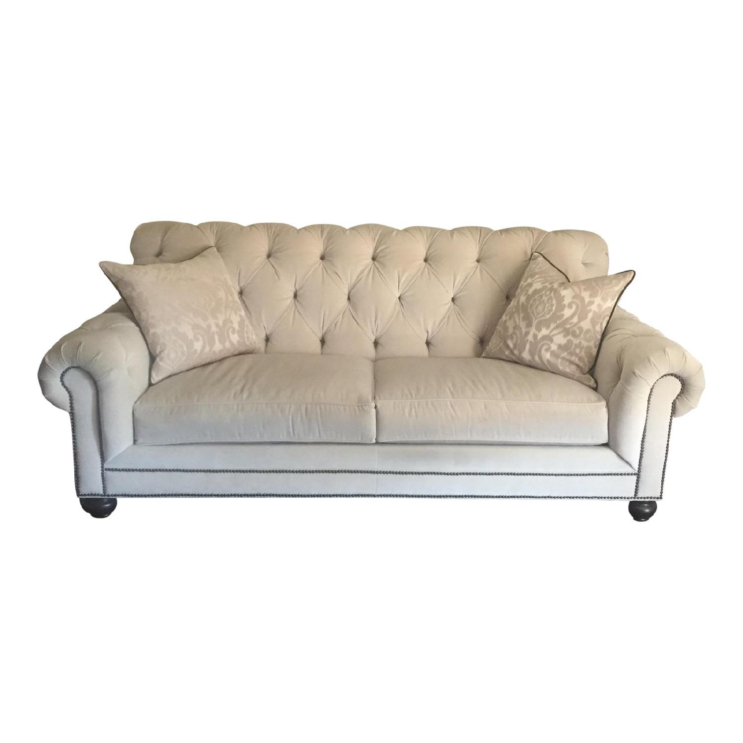Ethan Allen Chadwick Beige Tufted Velvet Sofa AptDeco