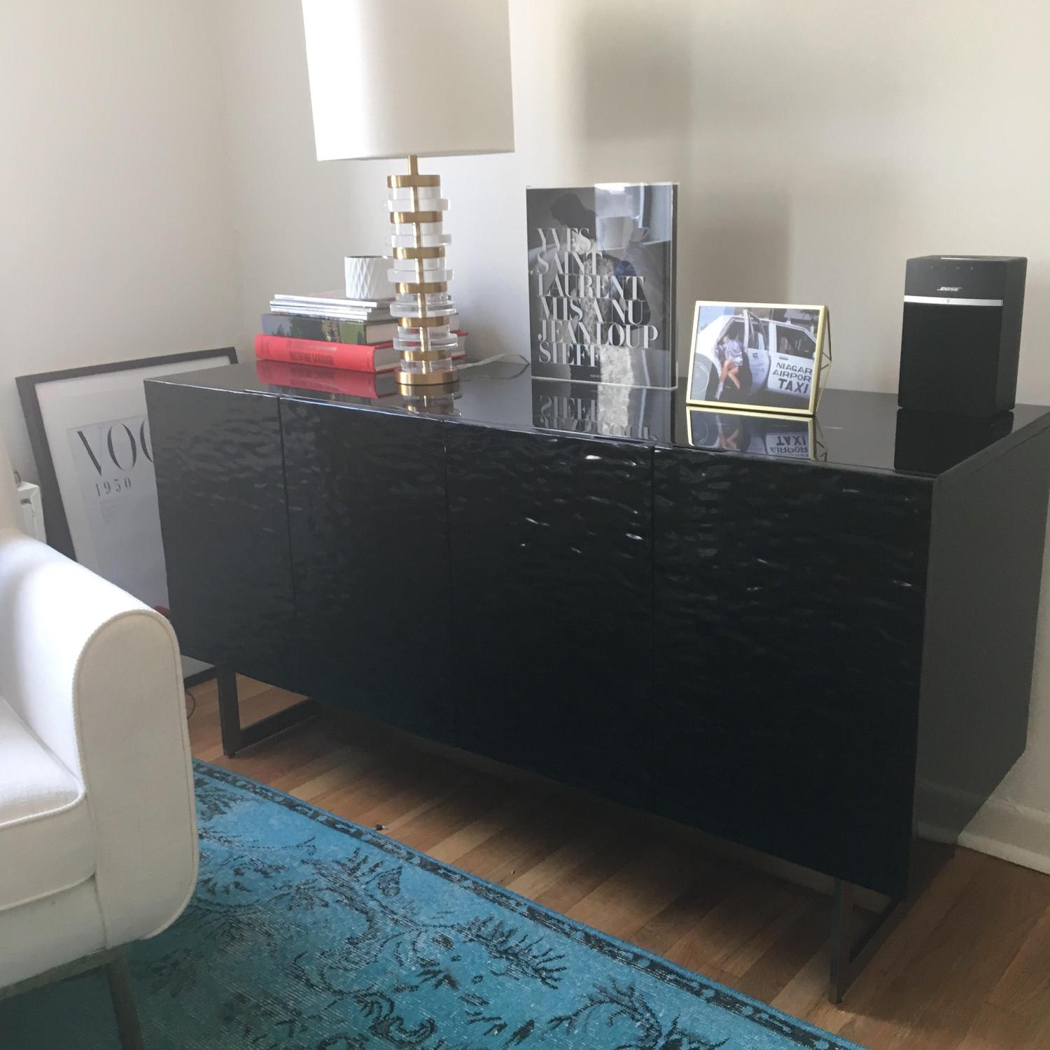 CB2 Black Marble & Wood Case Media Console in Gloss Finish AptDeco