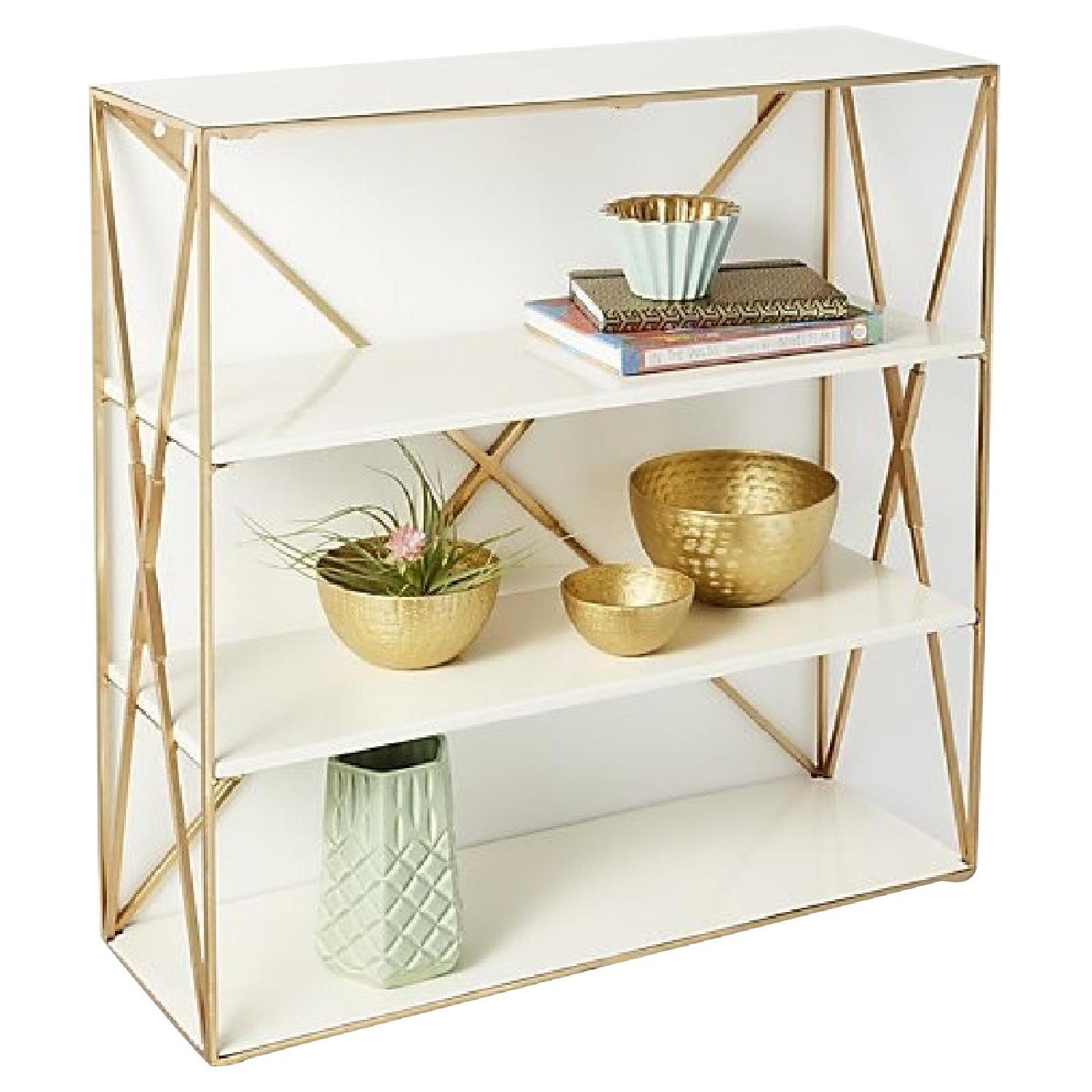 CB2 Brass & White Lacquer Wall Shelves AptDeco