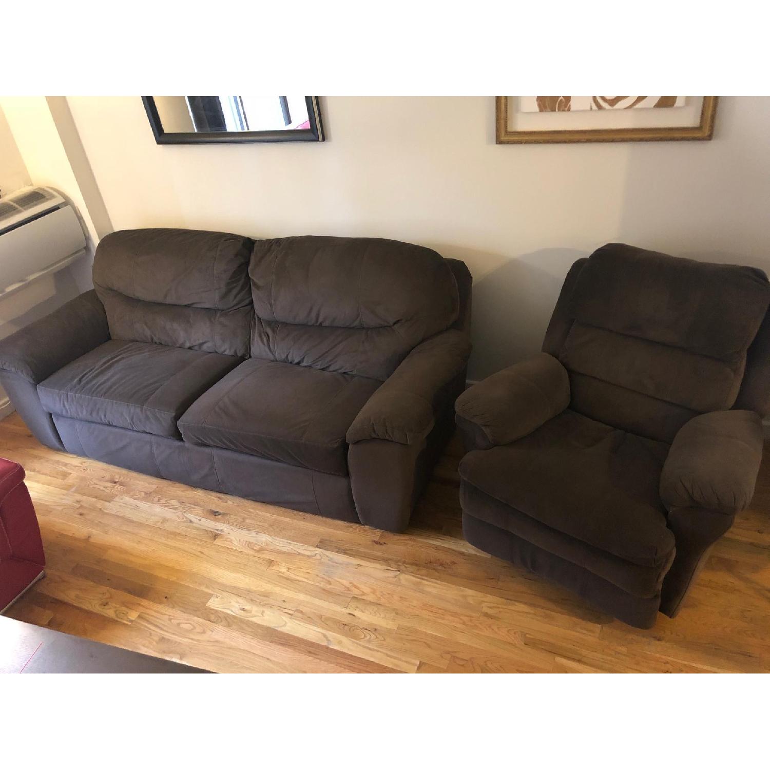 Bob's Brown Fabric Sofa + Matching Recliner Chair - image-1