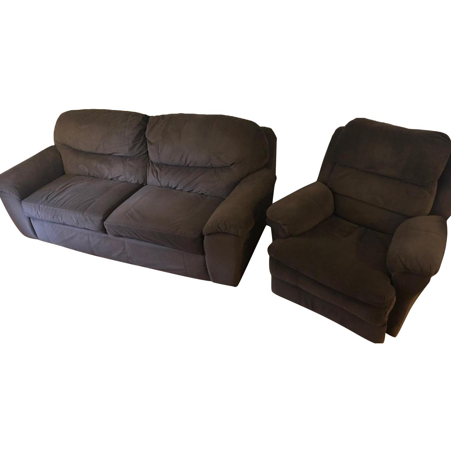 Bob's Brown Fabric Sofa + Matching Recliner Chair AptDeco