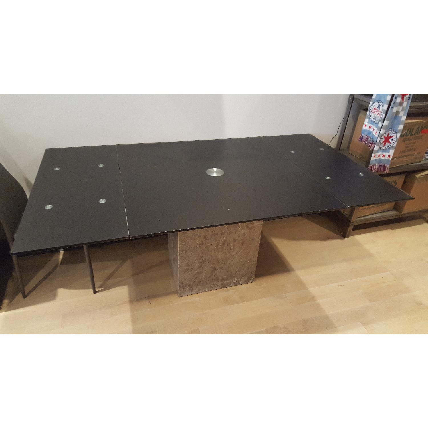 Modern Black Glass Extendable Dining Table w/ Marble Base - image-3