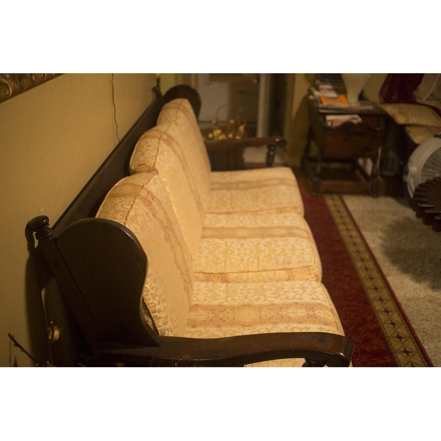 Ethan Allen Antiqued Old Tavern Pine Wood Upholstered 3 Cushion Sofa