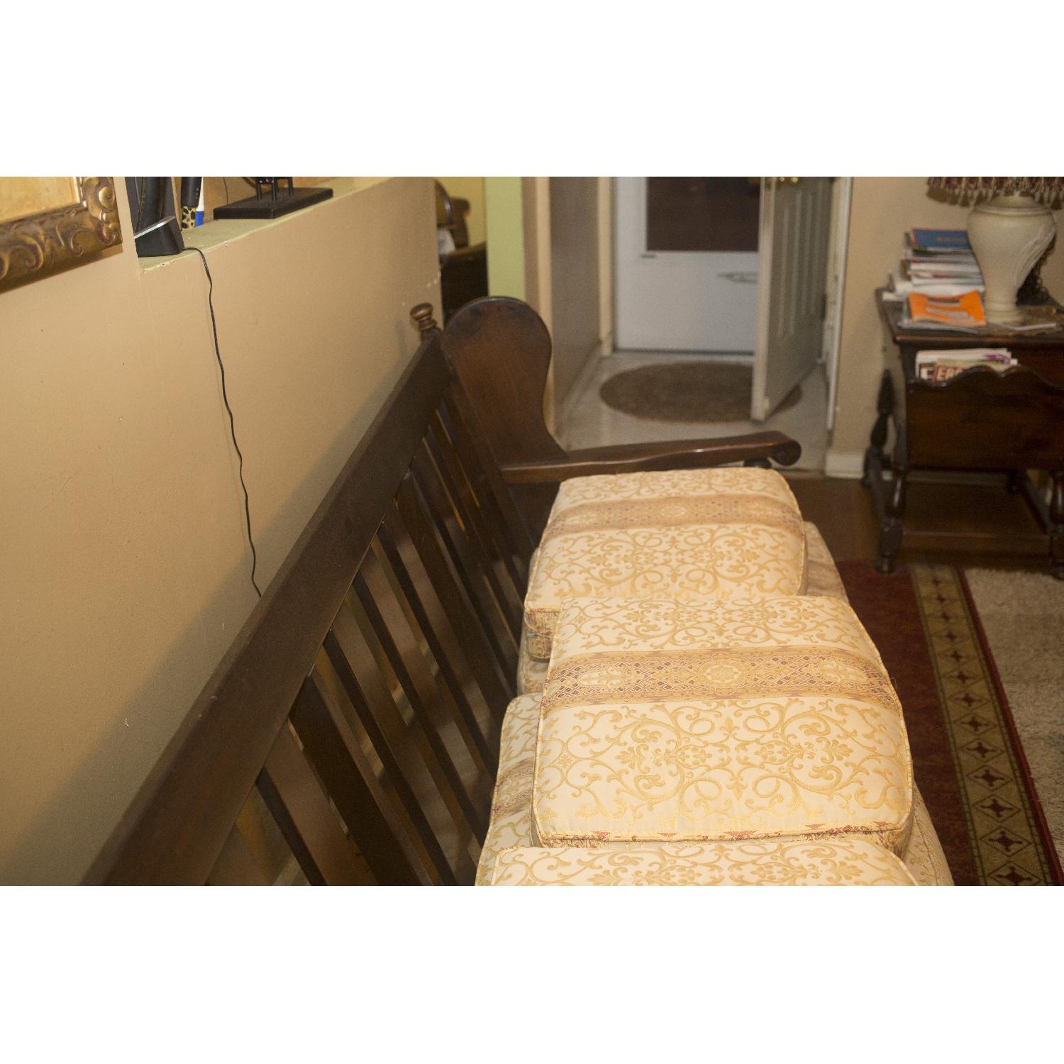 Ethan Allen Antiqued Old Tavern Pine Wood Upholstered 3 Cushion Sofa - image-4