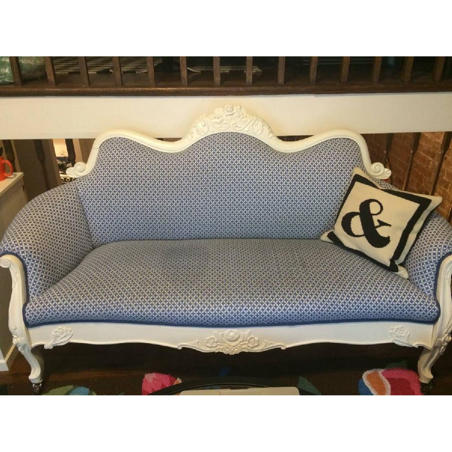 Vintage Victorian Settee Sofa in Blue & White - image-2