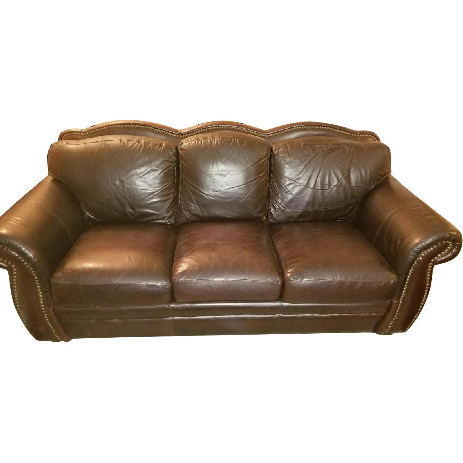 Havertys Brown Leather 3 Seater Sofa w/ Nailheads AptDeco