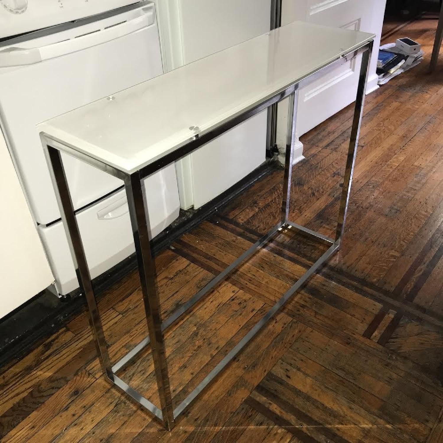 Sandor White Glass Top Metal Base Console Table AptDeco