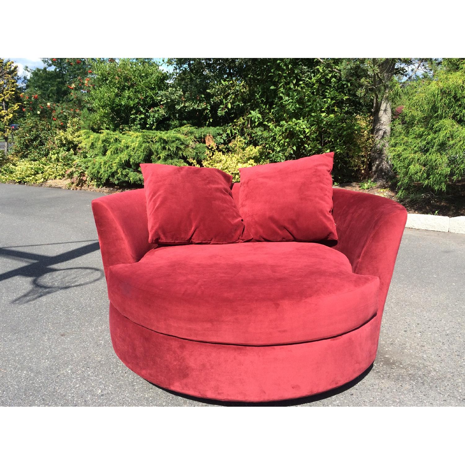 Red Suede Circular Loveseat w/ Wheels - image-1