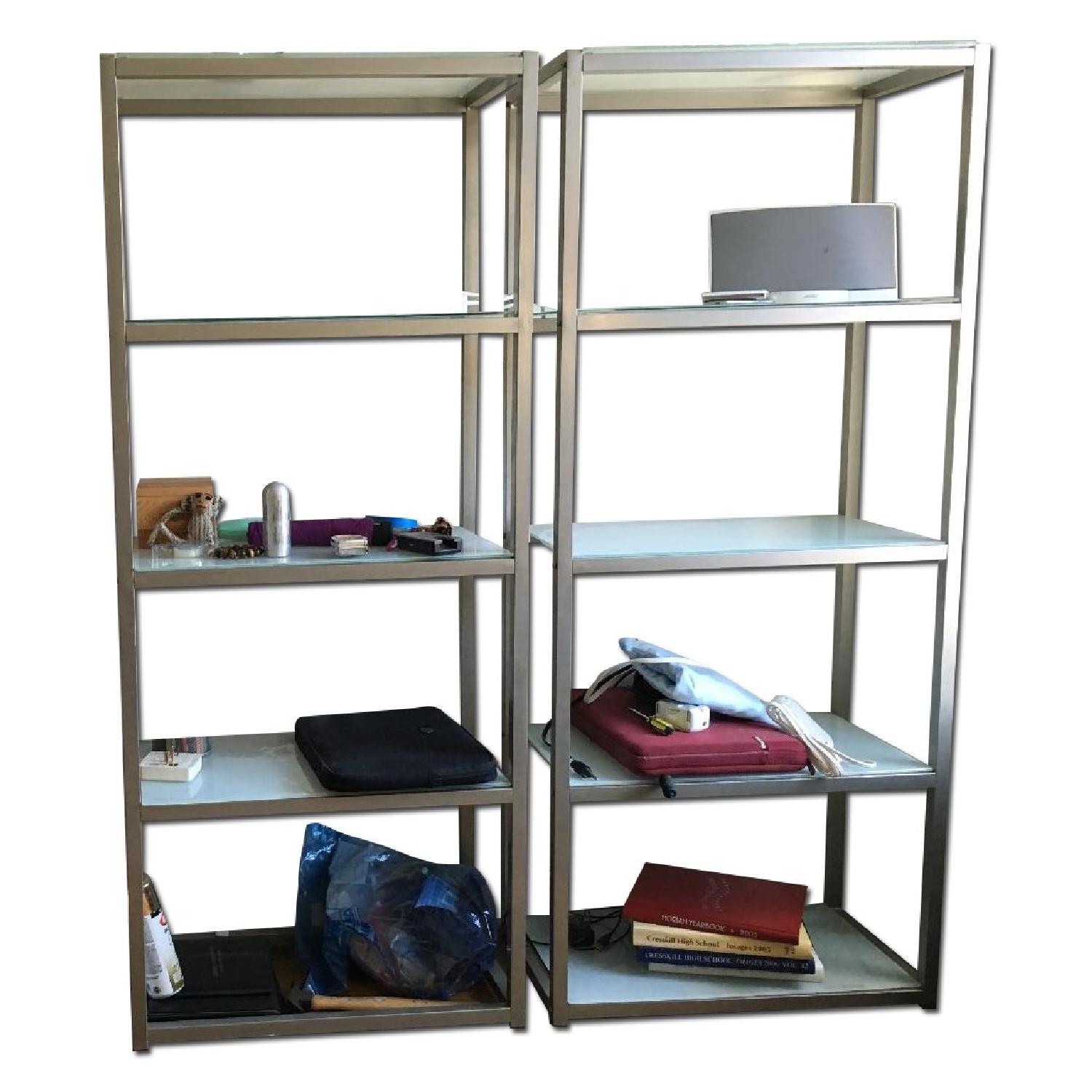 CB2 Bookshelves w/ White Glass Shelves & Stainless Frames AptDeco