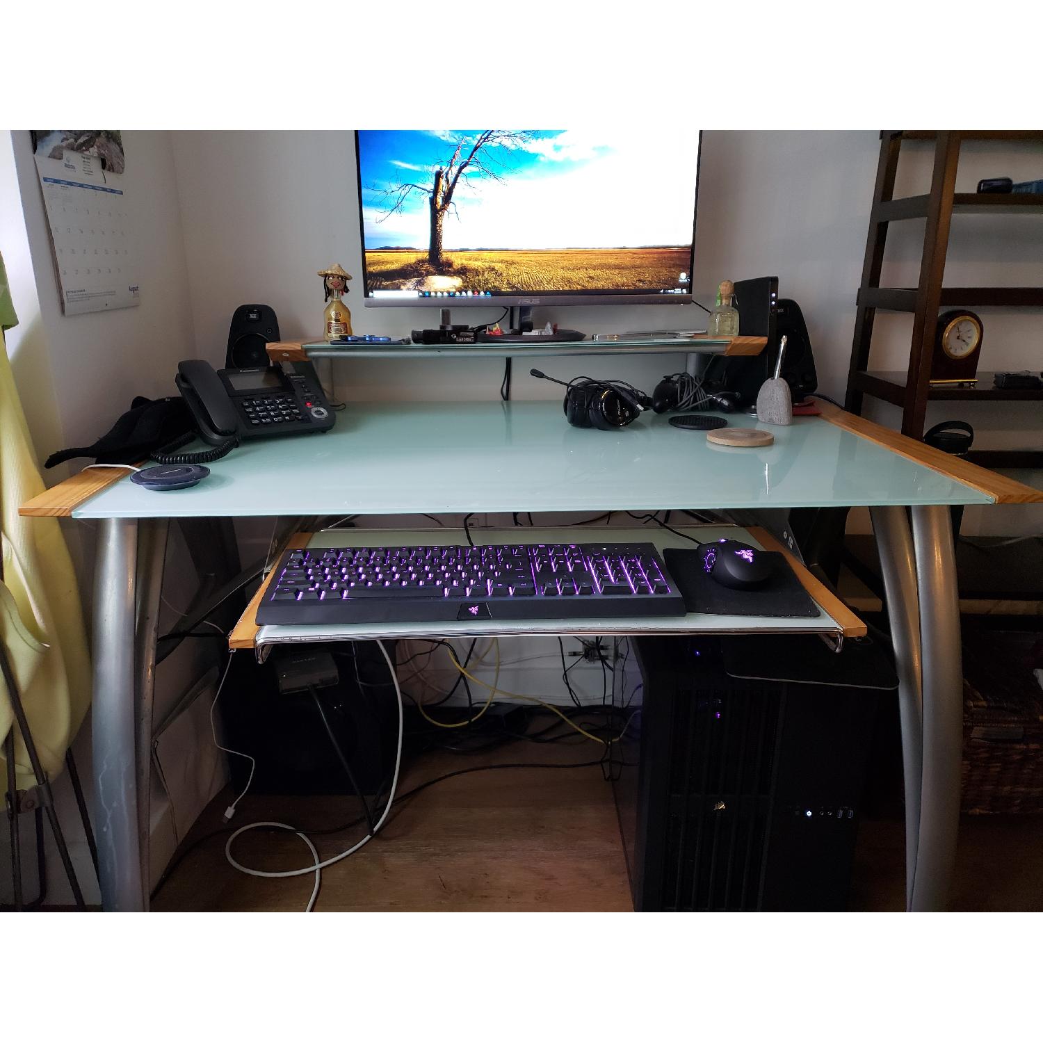 Frosted Glass Computer Desk w/ Monitor Shelf & Pull Out Tray - image-0