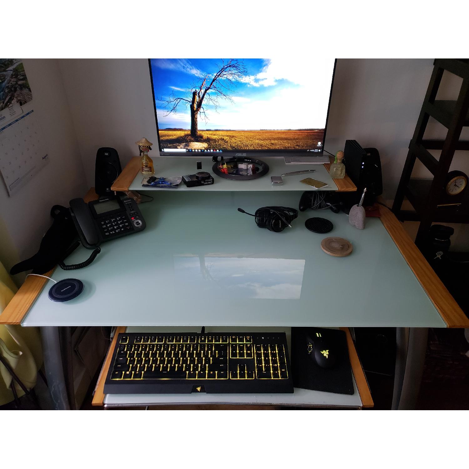 Frosted Glass Computer Desk w/ Monitor Shelf & Pull Out Tray - image-1