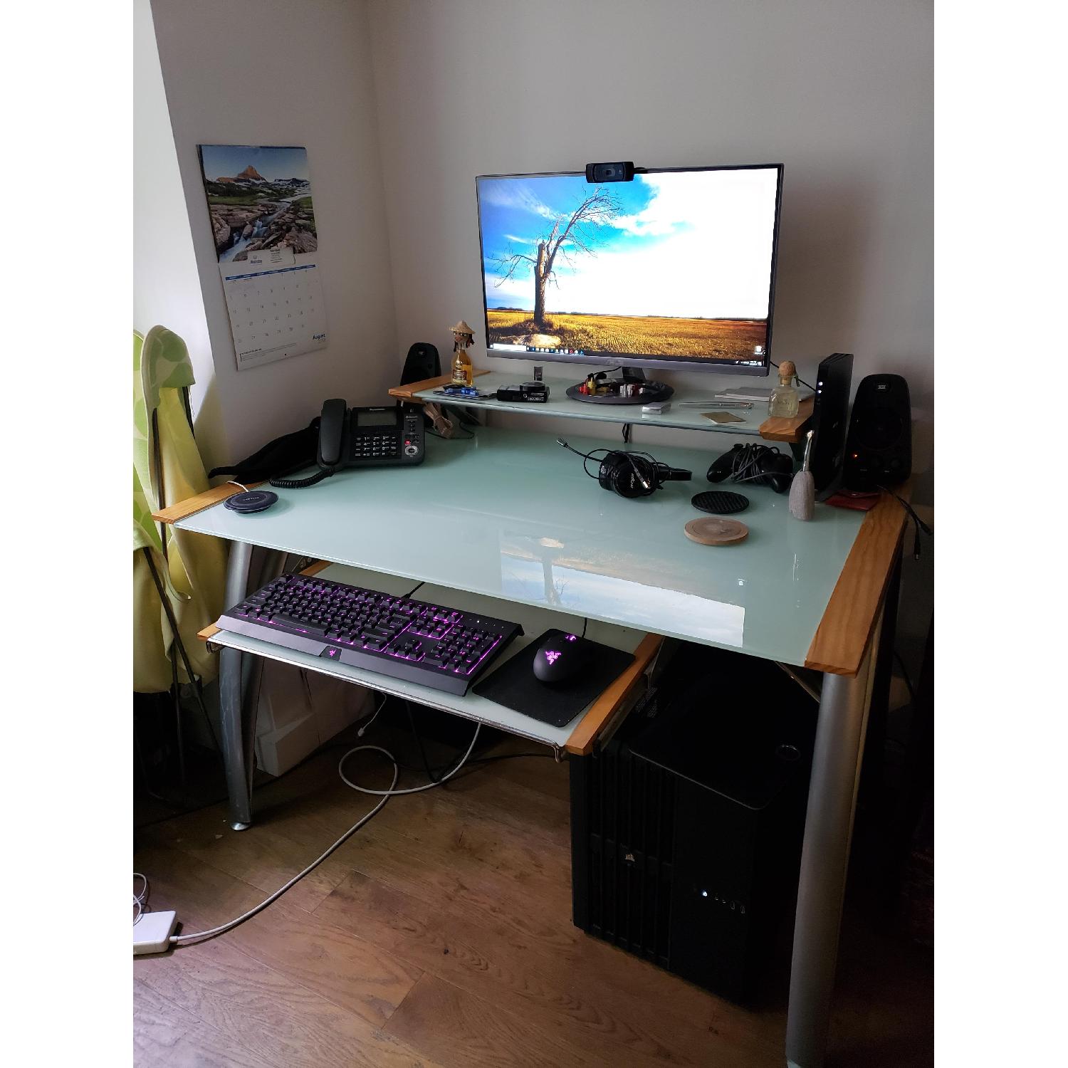 Frosted Glass Computer Desk w/ Monitor Shelf & Pull Out Tray - image-2