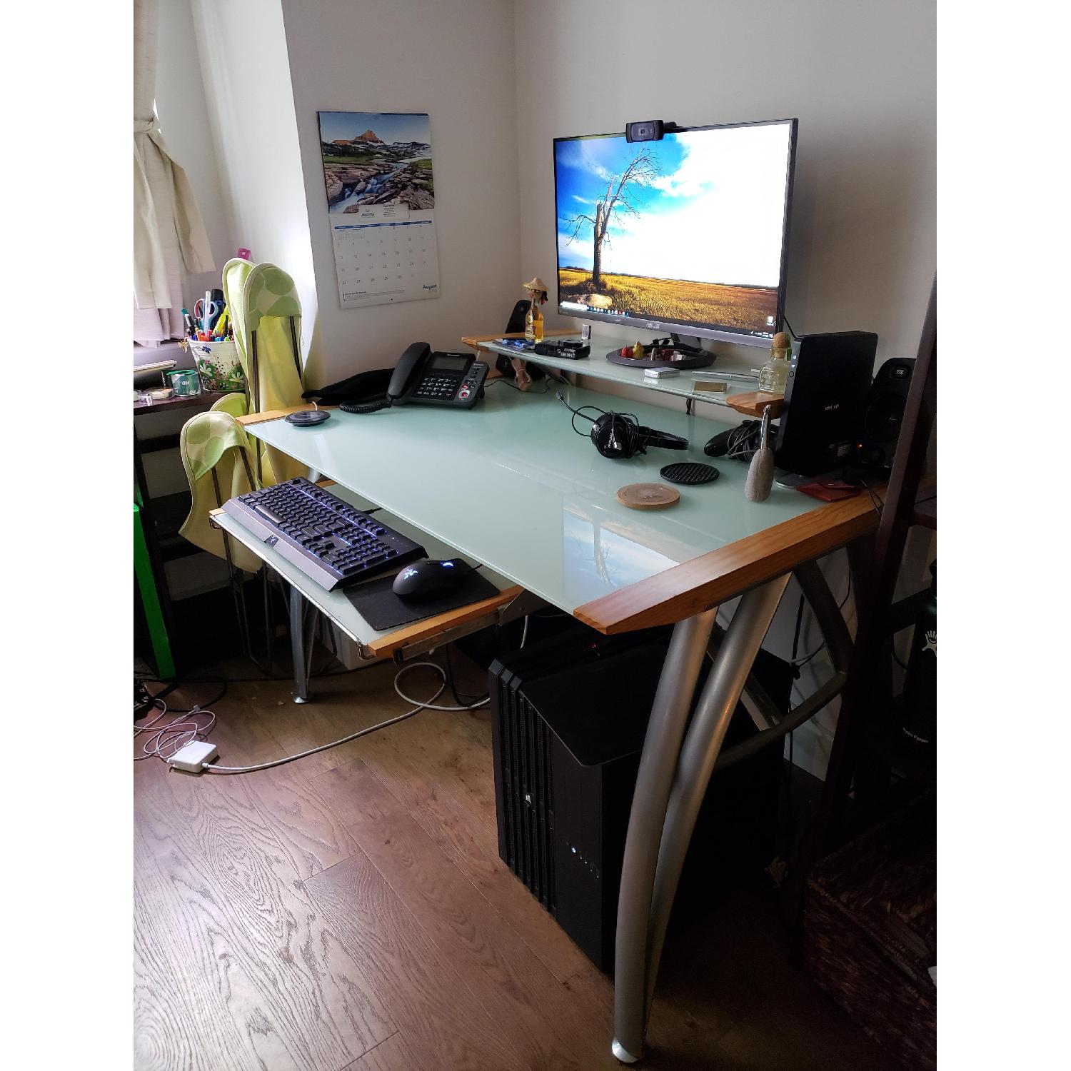 Frosted Glass Computer Desk w/ Monitor Shelf & Pull Out Tray - image-3