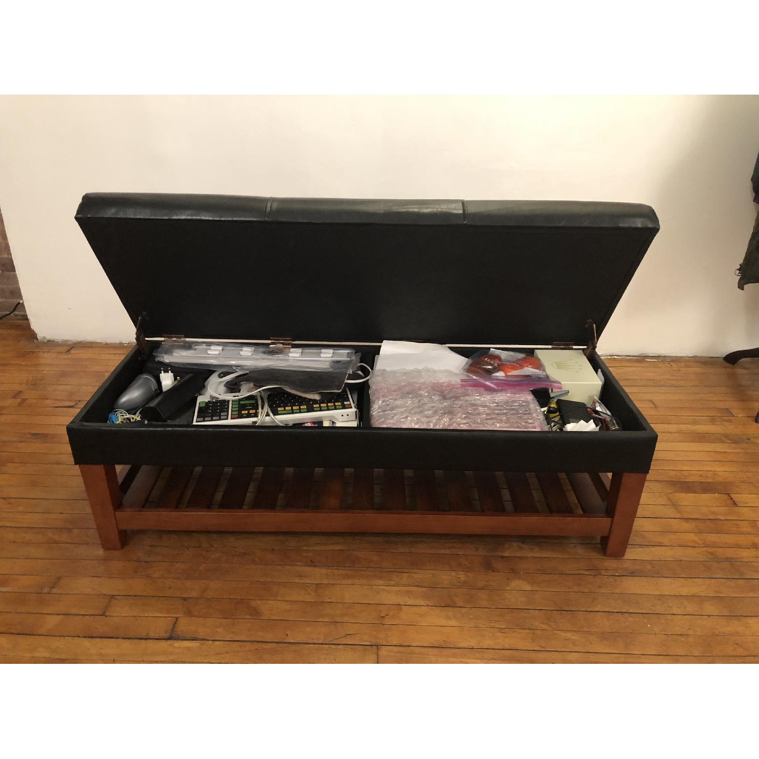 Leather & Wood Ottoman w/ Lift Top Storage - image-2