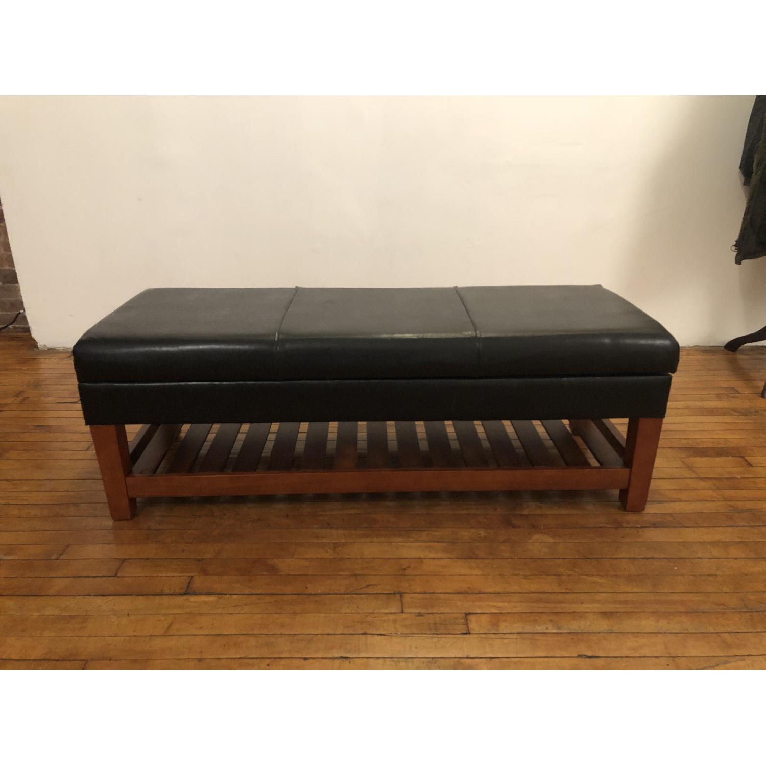 Leather & Wood Ottoman w/ Lift Top Storage - image-5