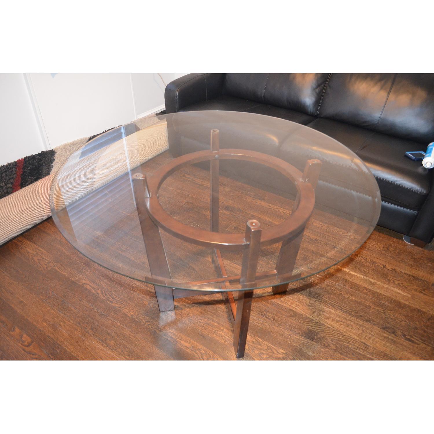 Ashley Round Glass Dining Table w/ 4 Red Vinyl Dining Chairs - image-1