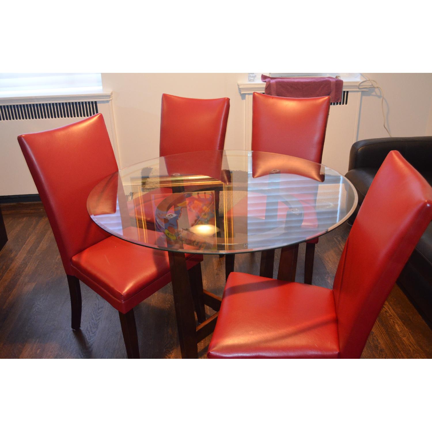 Ashley Round Glass Dining Table w/ 4 Red Vinyl Dining Chairs - image-2