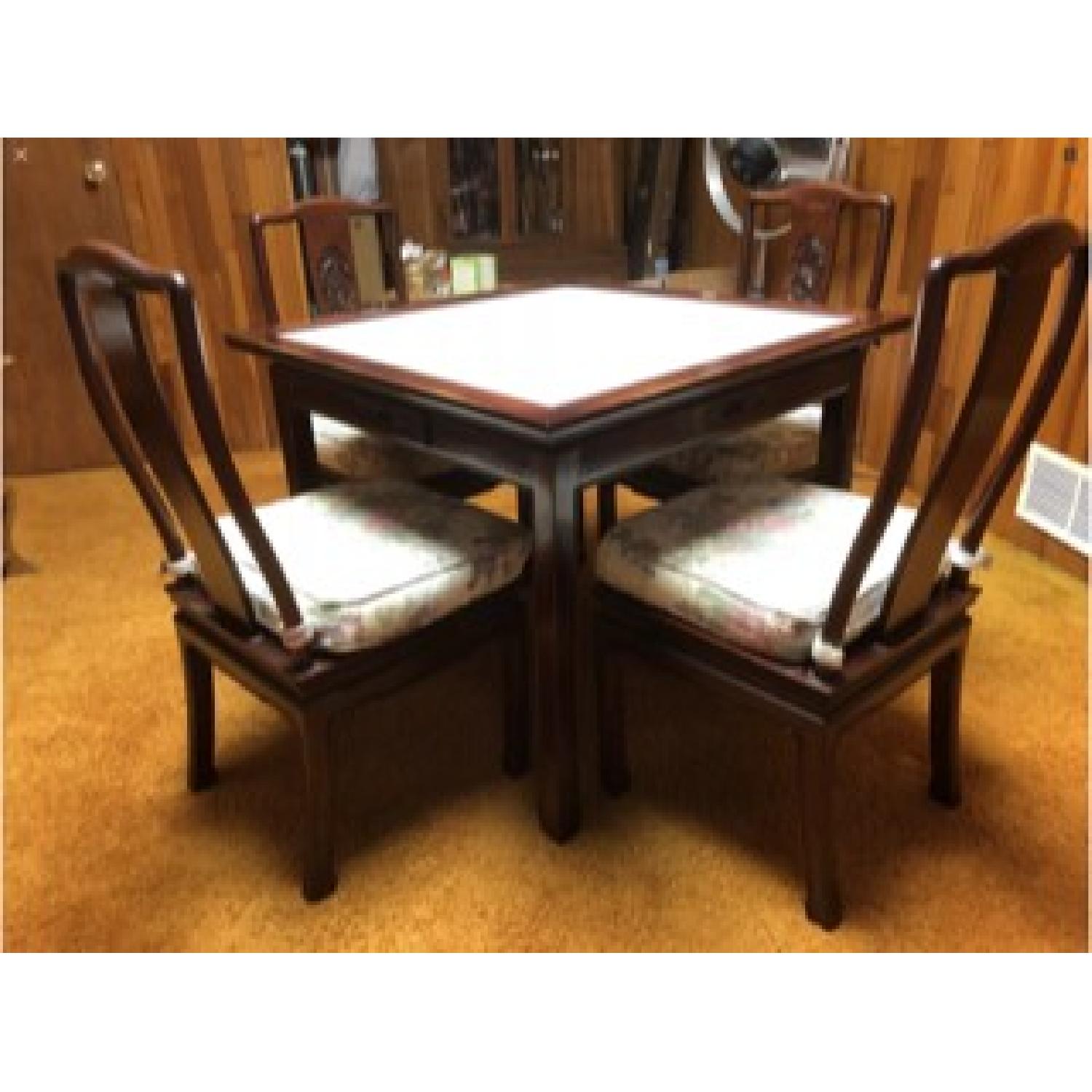 Chinese Wood Carved Mah Jong Game Poker Table w/ 4 Chairs - image-1