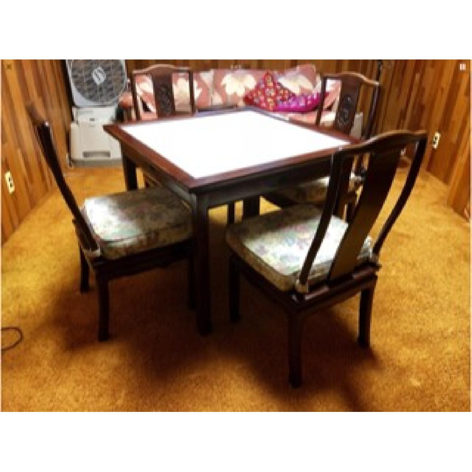 Chinese Wood Carved Mah Jong Game Poker Table w/ 4 Chairs - image-2