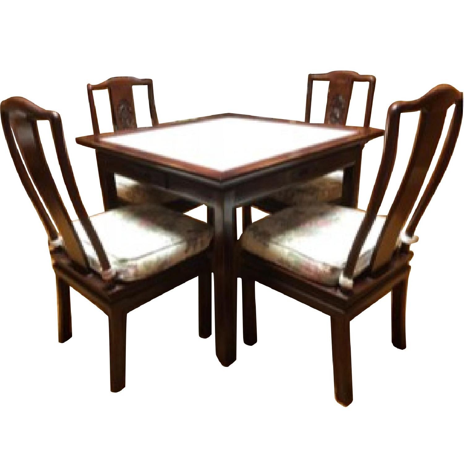 Chinese Wood Carved Mah Jong Game Poker Table w/ 4 Chairs - image-0