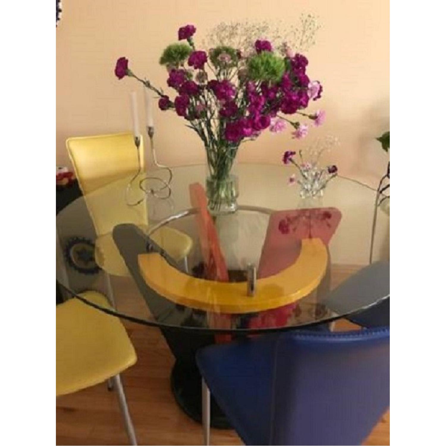 Round Glass Dining Table w/ 4 Leather Chairs - image-1