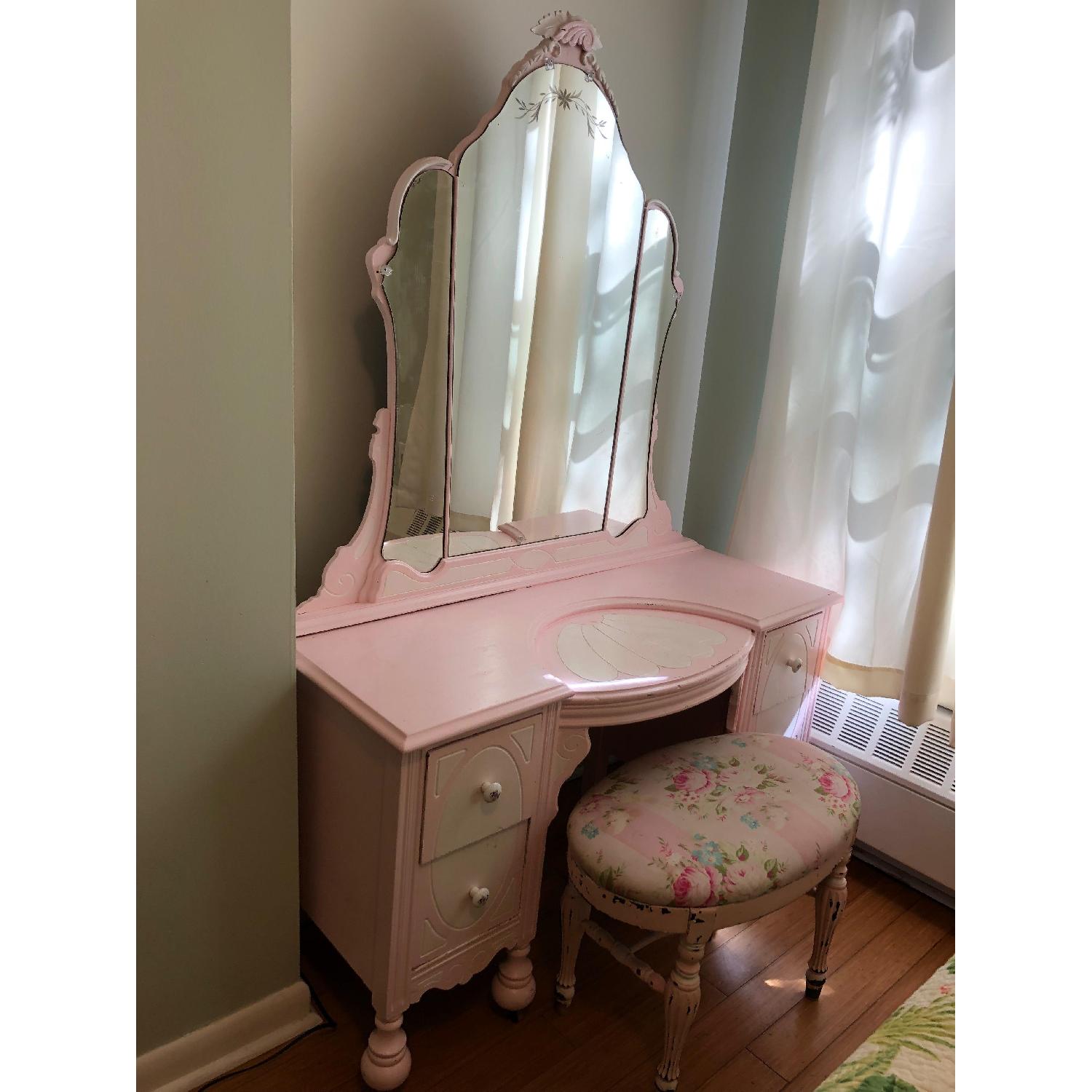Vintage Pink Vanity Table w/ Mirror & Bench - image-1