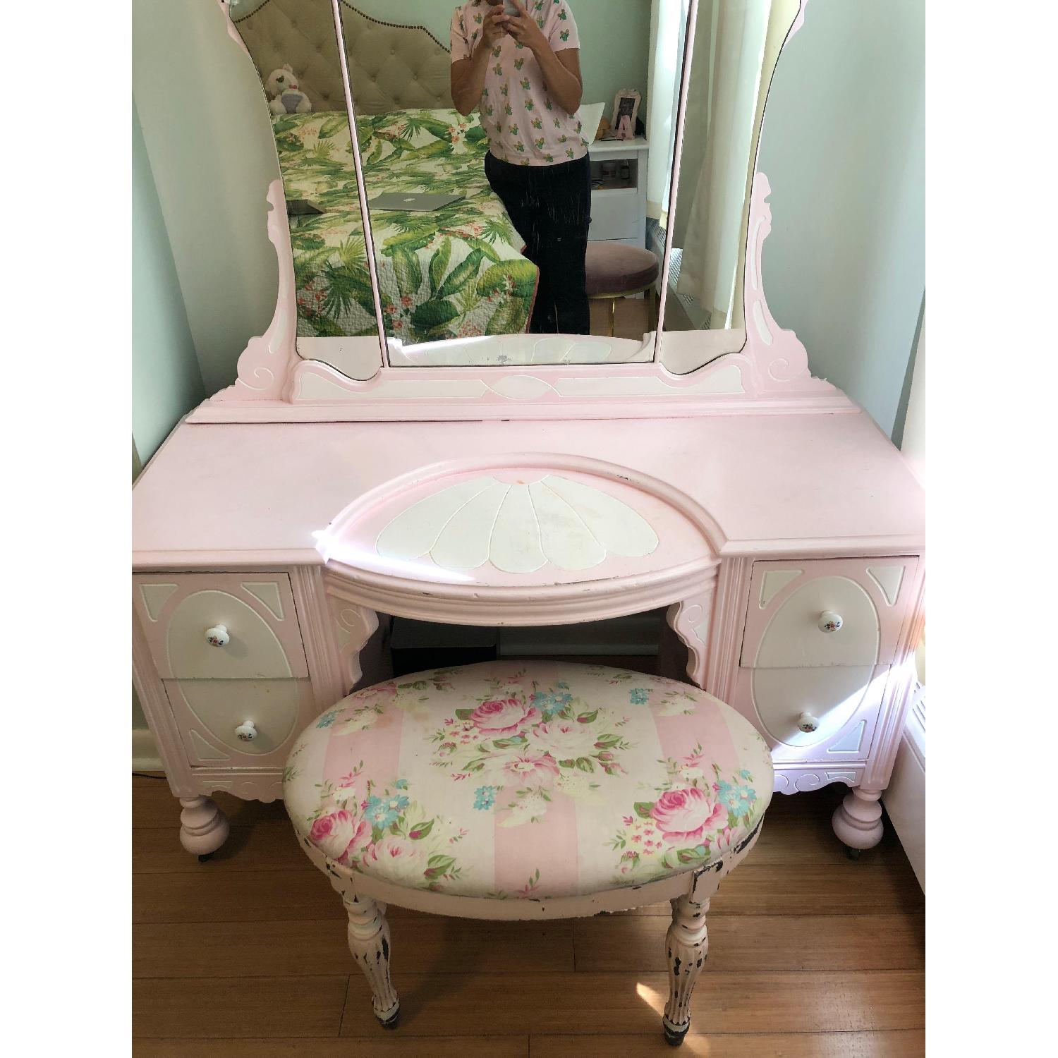 Vintage Pink Vanity Table w/ Mirror & Bench - image-2