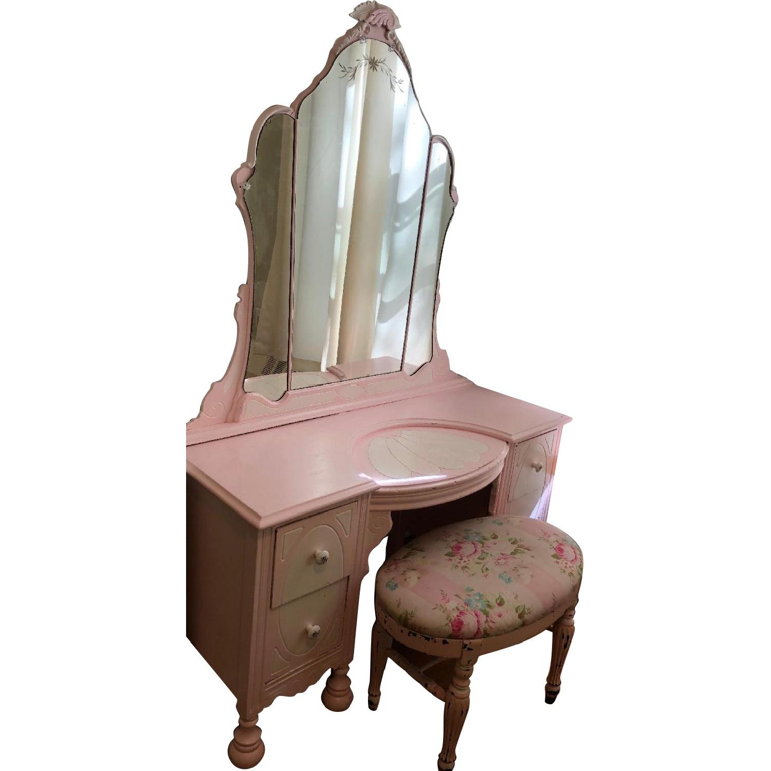 Vintage Pink Vanity Table w/ Mirror & Bench - image-0