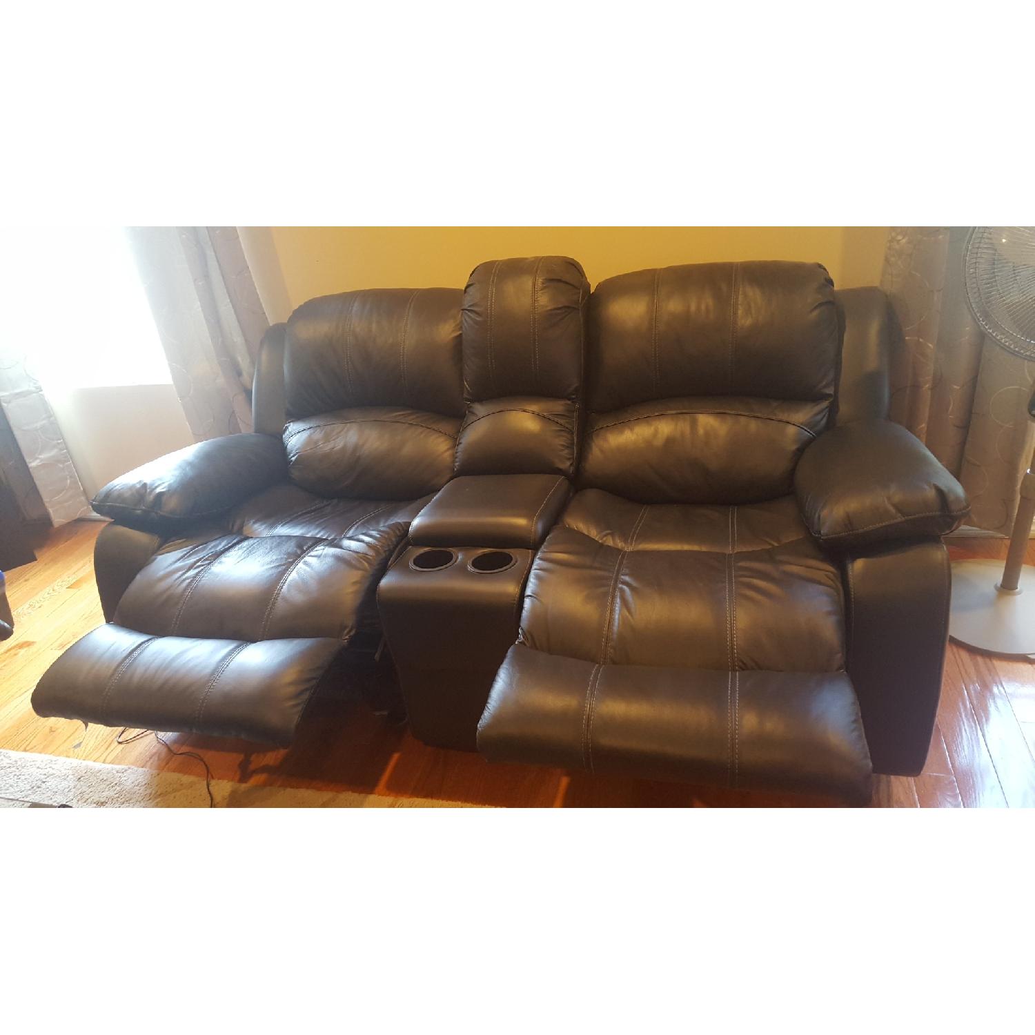 Raymour & Flanigan Bellanest Leather Reclining Sofa + Loveseat in Black - image-1