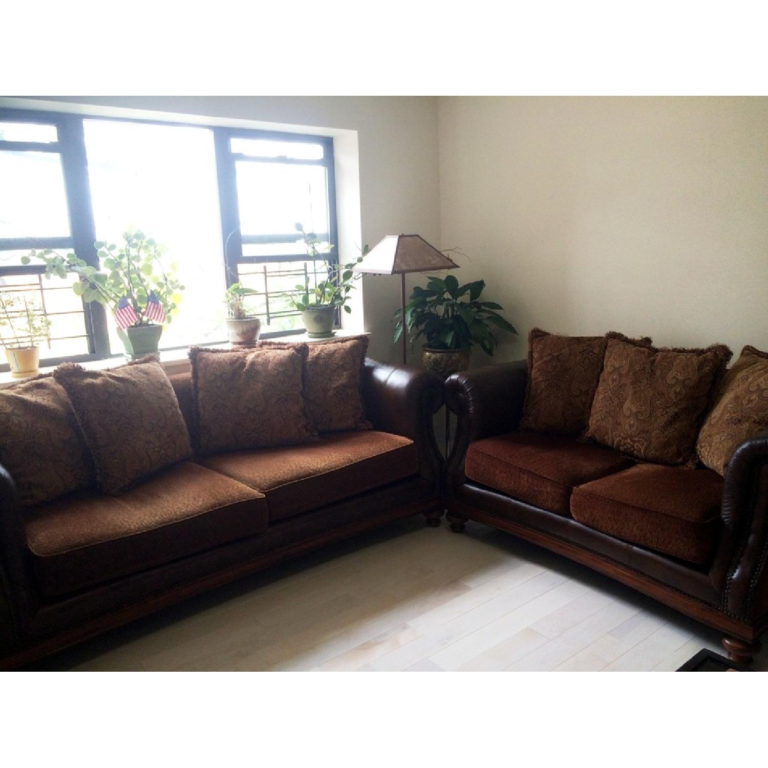 Broyhill Fabric & Leather Sofa w/ Pillows - image-2