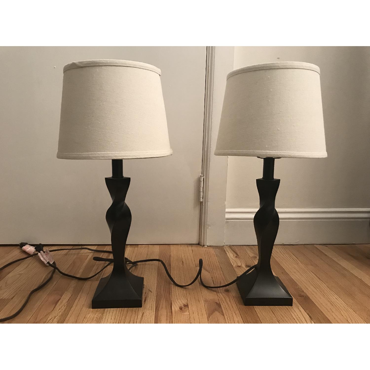 Bronze Twisted Table Lamp Bases w/ Linen Shades - image-1