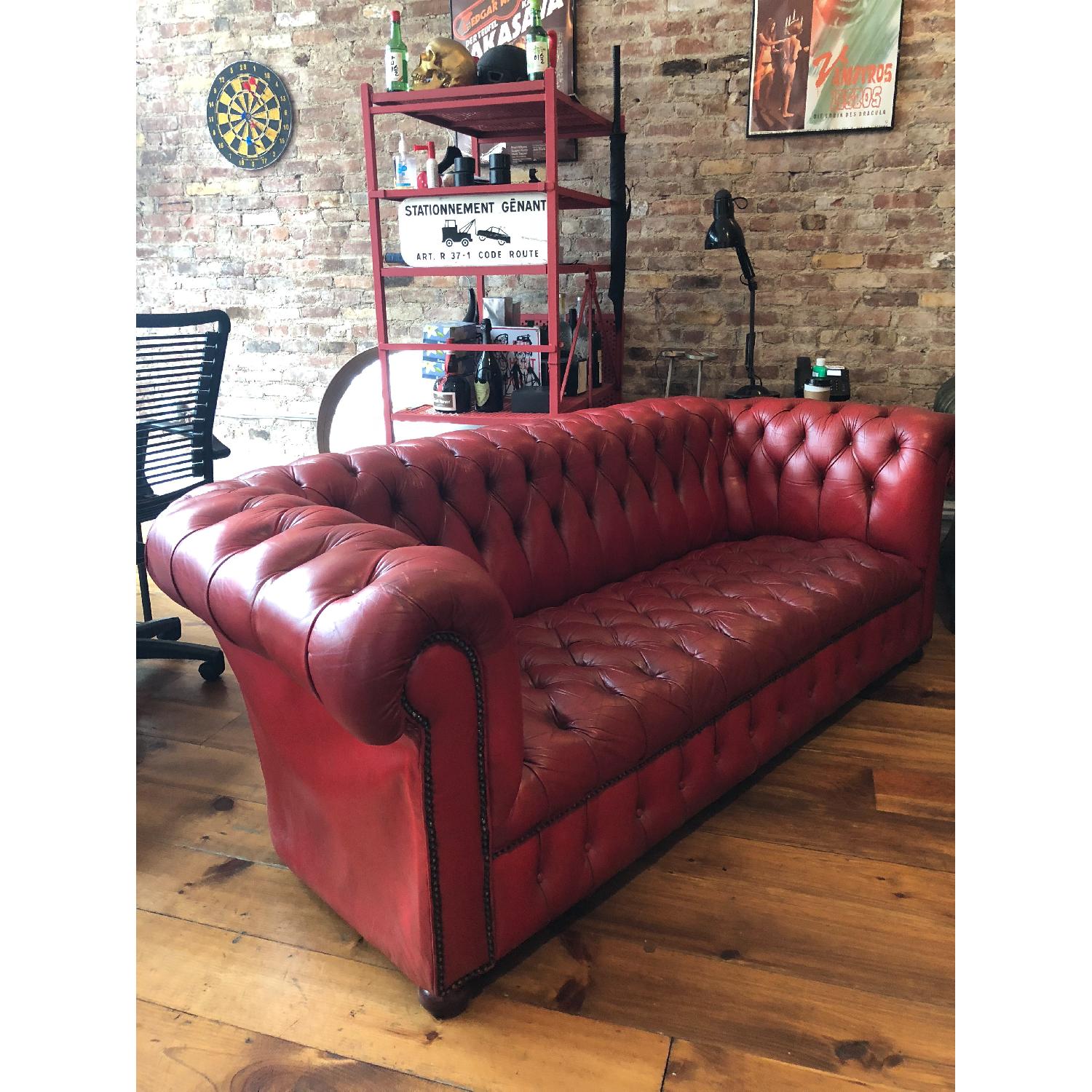 1950s Art Deco Chesterfield Tufted Red Leather Sofa - image-3