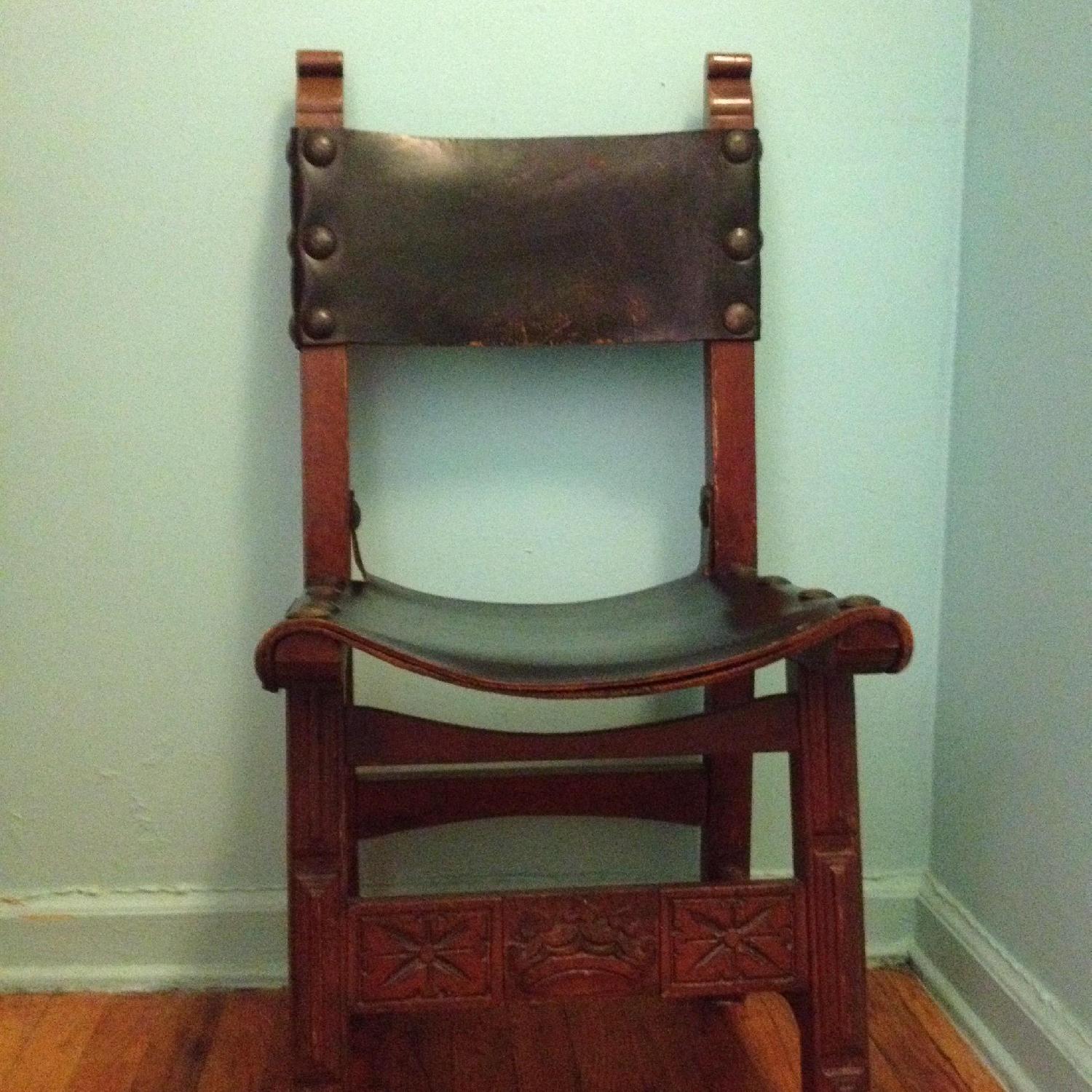 Wood & Black Leather Antique Chair AptDeco