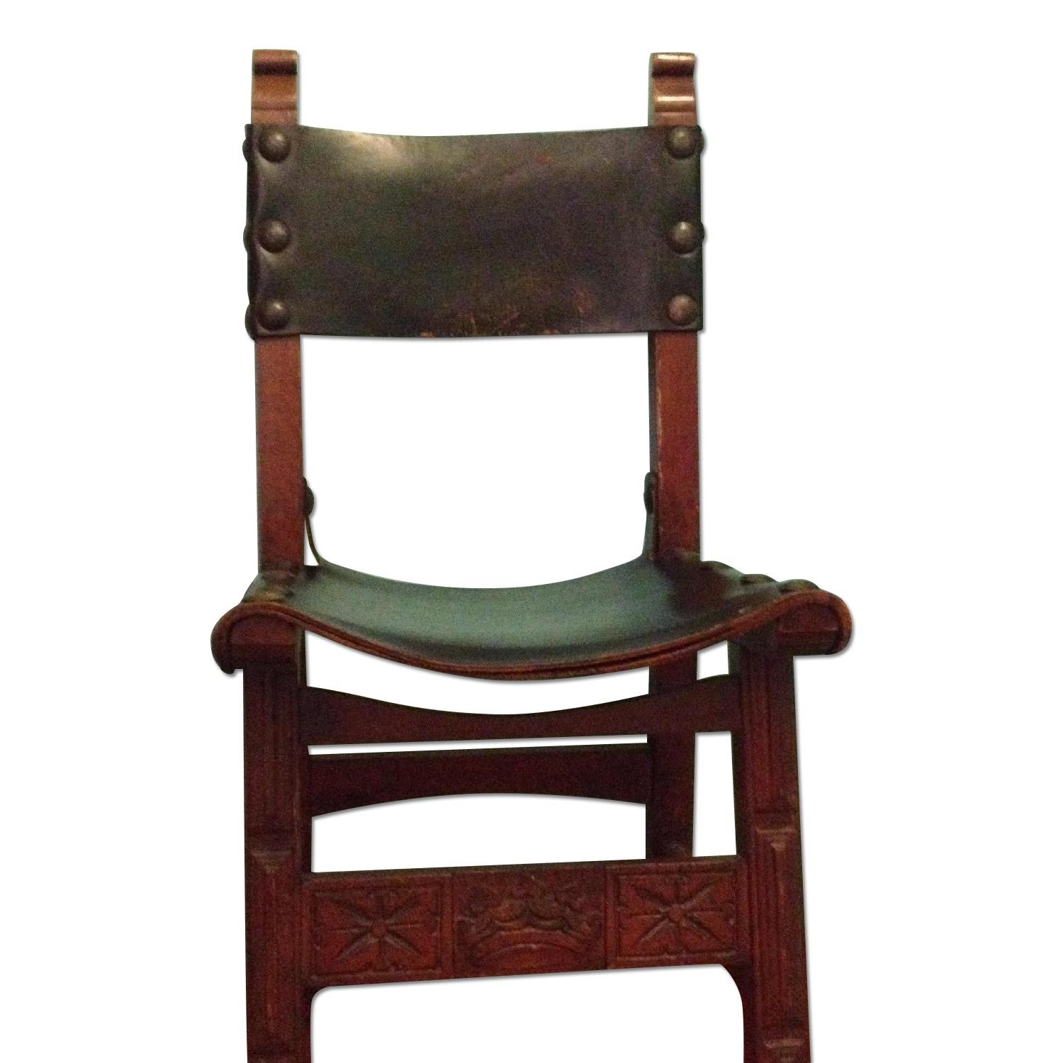 Wood & Black Leather Antique Chair AptDeco