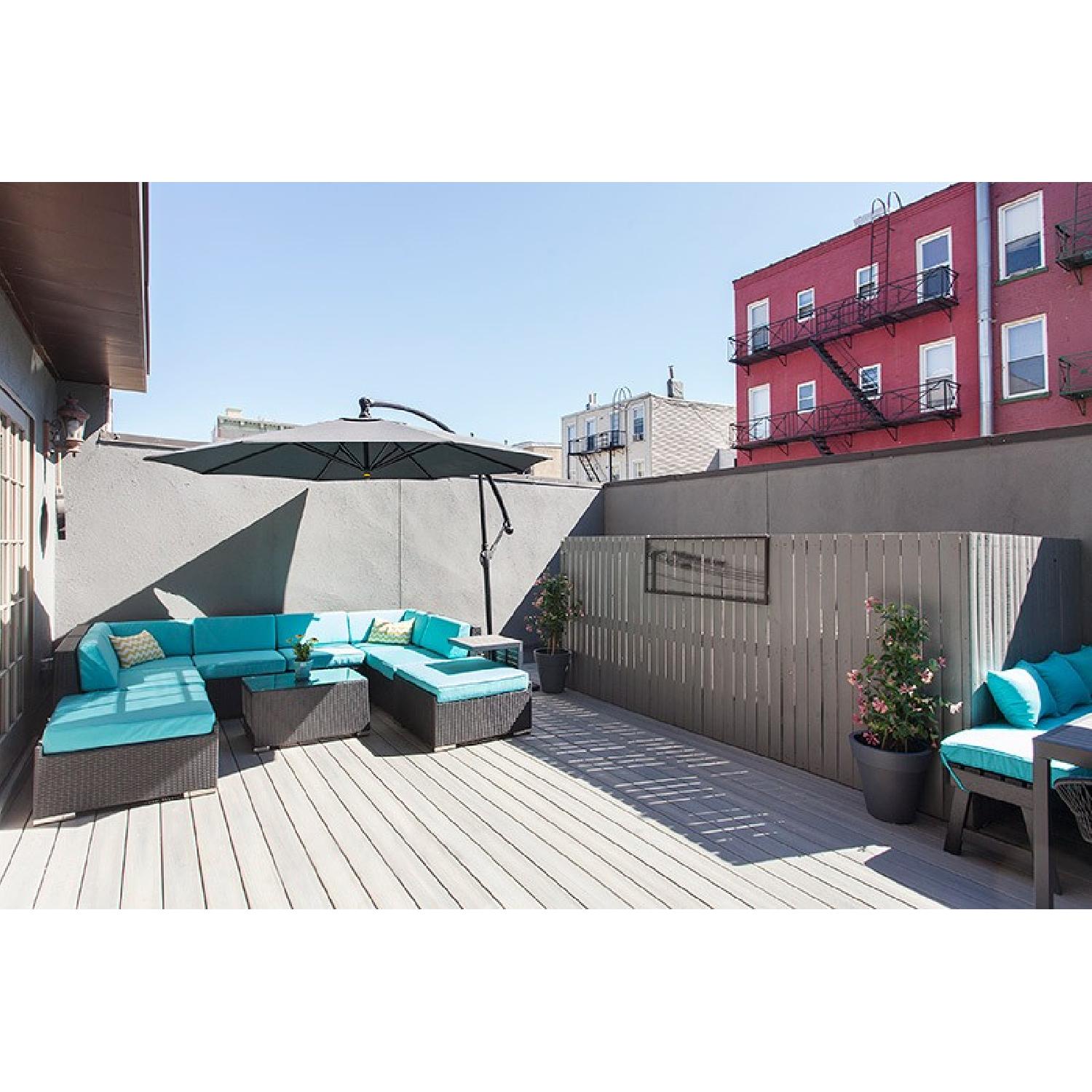 Crate & Barrel Outdoor Sectional Sofa + End Tables + Standing Umbrella