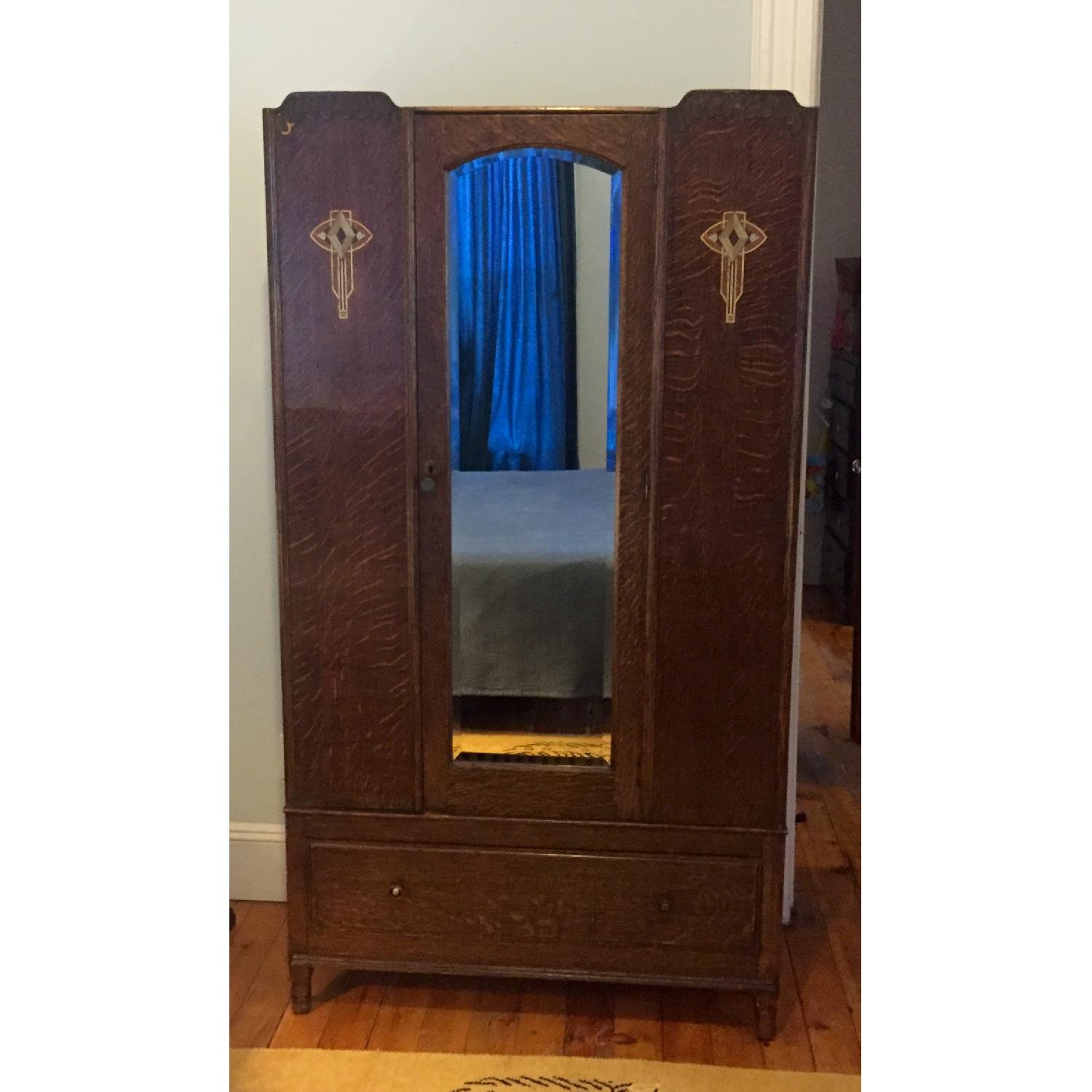 Antique Art Deco Oak Armoire - image-1