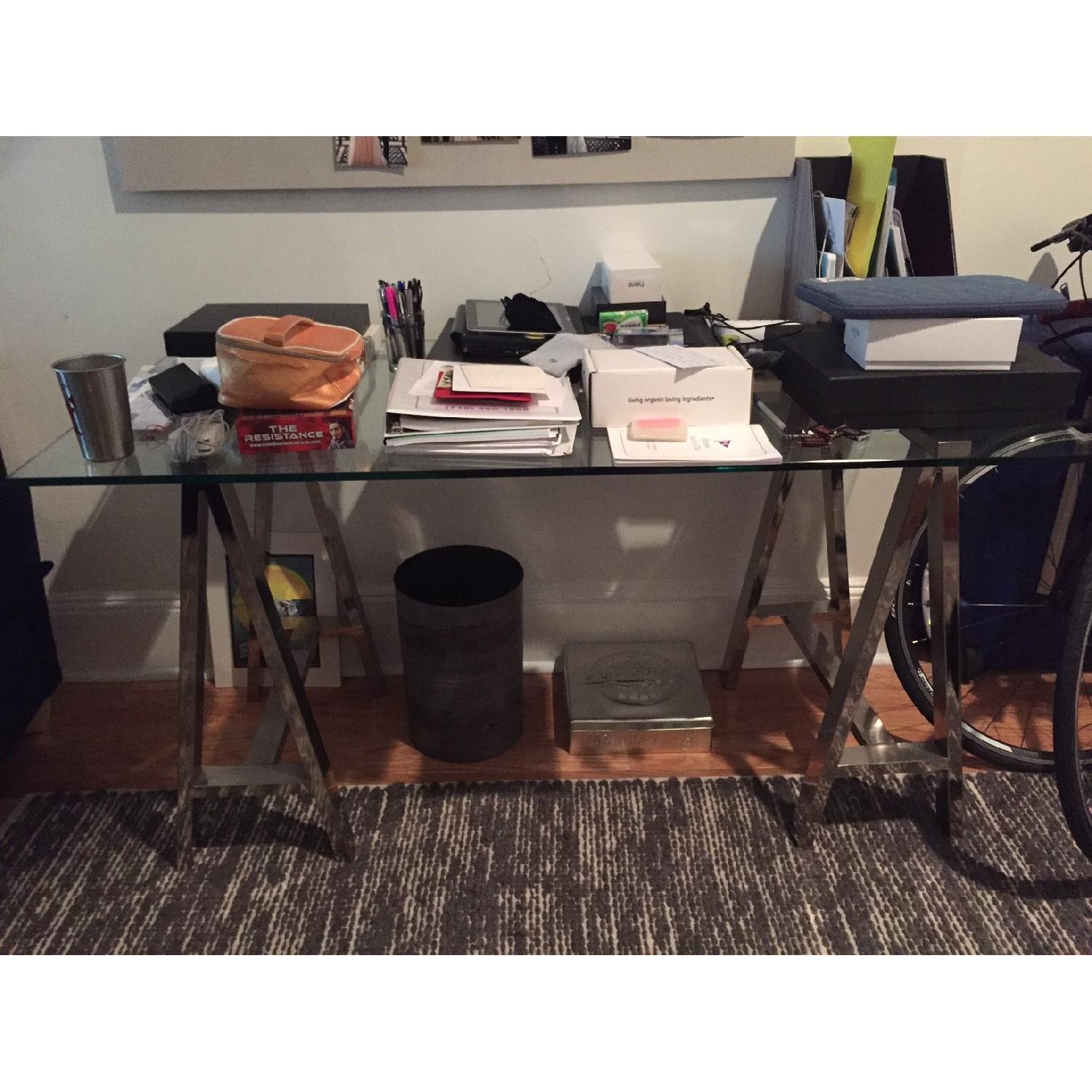 West Elm Glass Top/Nickel Base Cross Base Desk - image-1