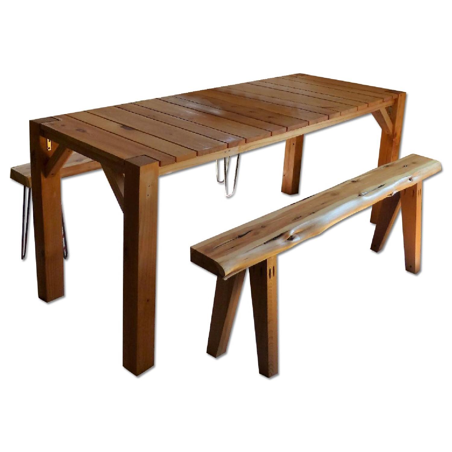 Handmade Wooden Table w/ 2 Benches - image-0