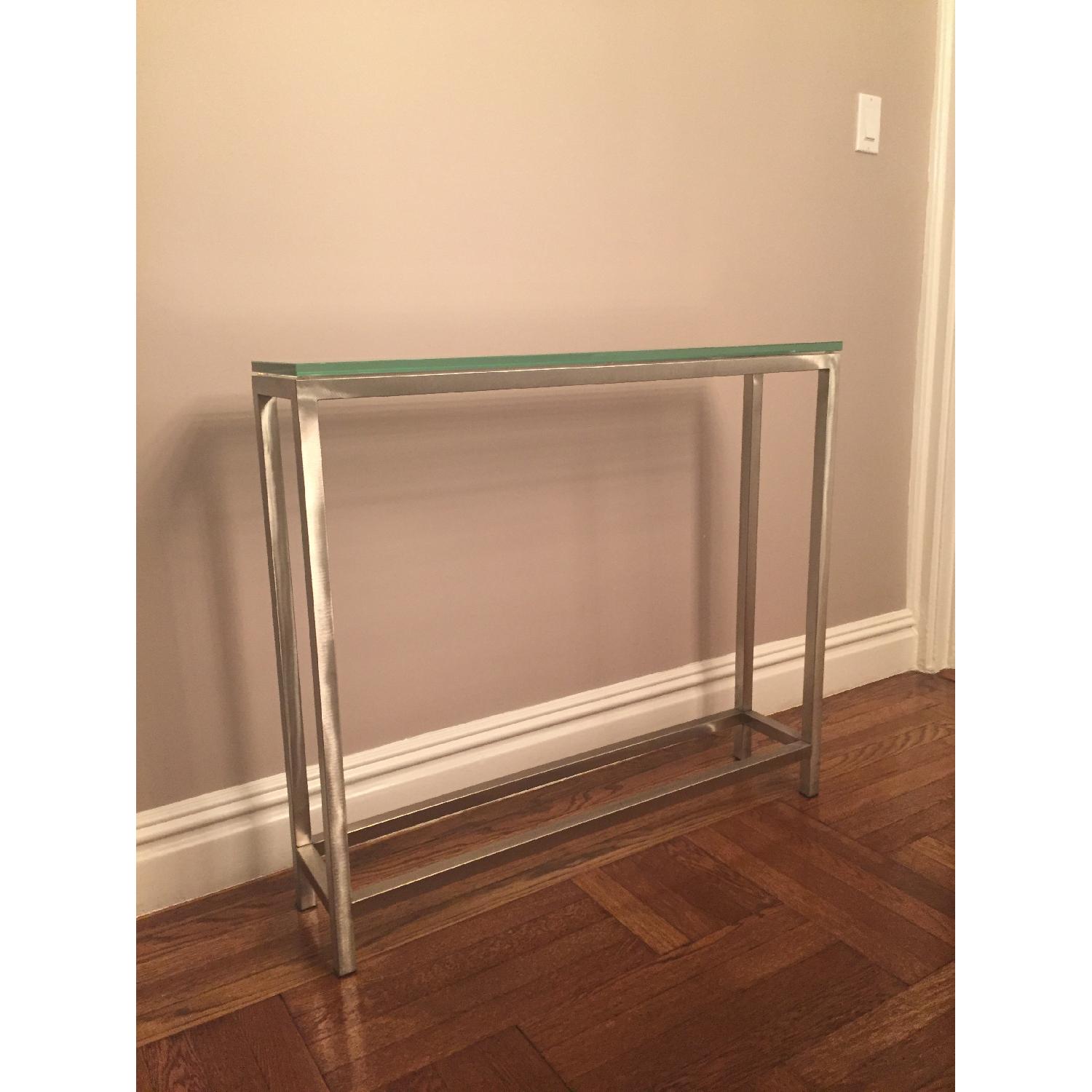 Crate & Barrel Era Tall Glass & Chrome Console Tables AptDeco