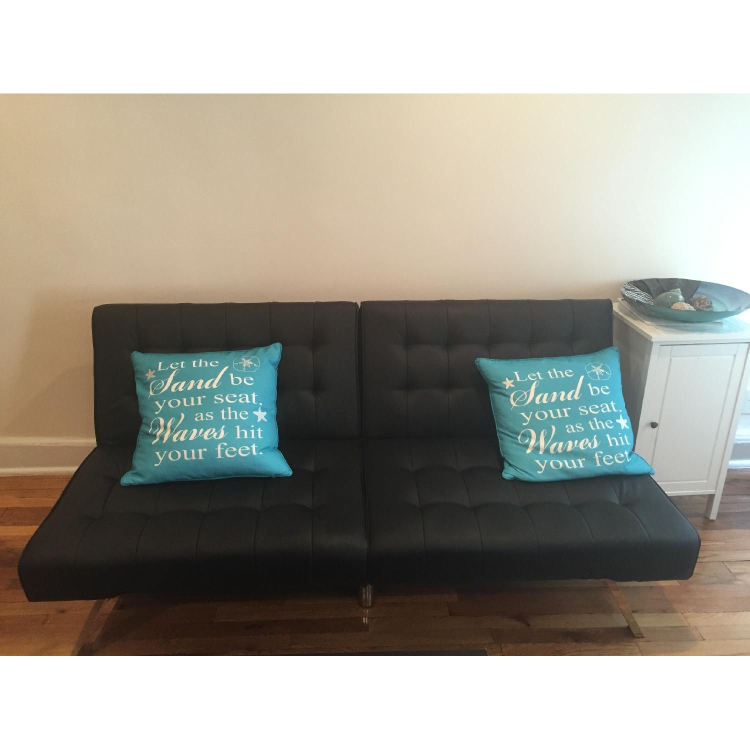 Black Leather & Chrome Legs Convertible Futon - image-1