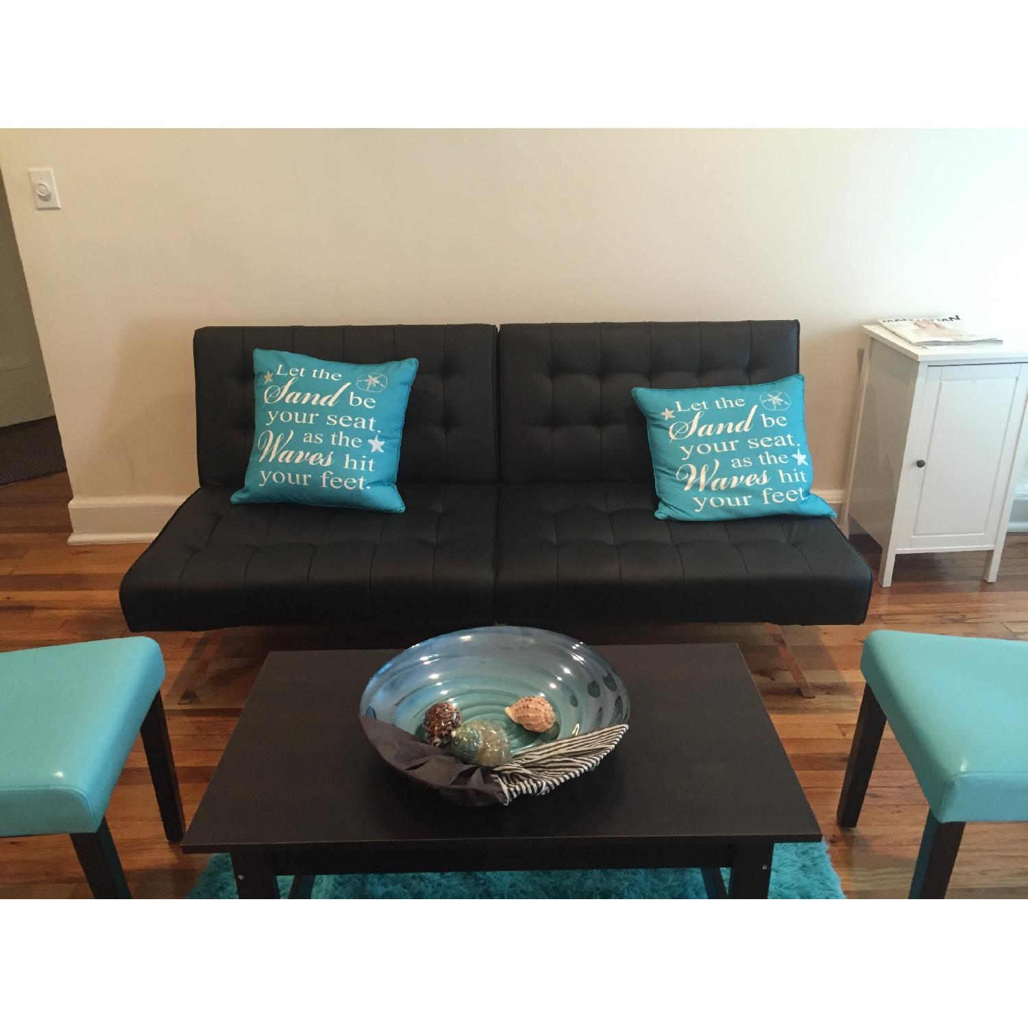 Black Leather & Chrome Legs Convertible Futon - image-2