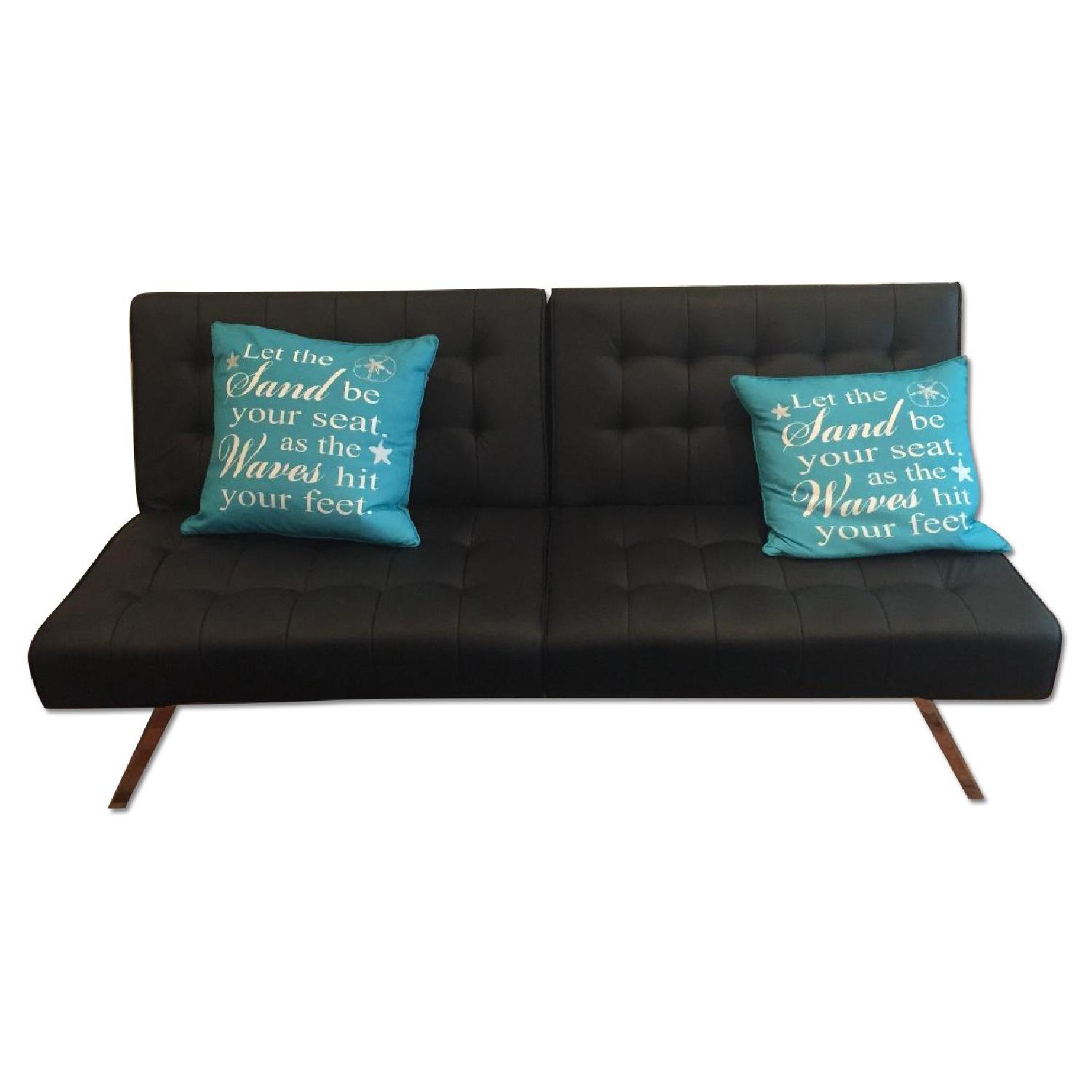 Black Leather & Chrome Legs Convertible Futon - image-0