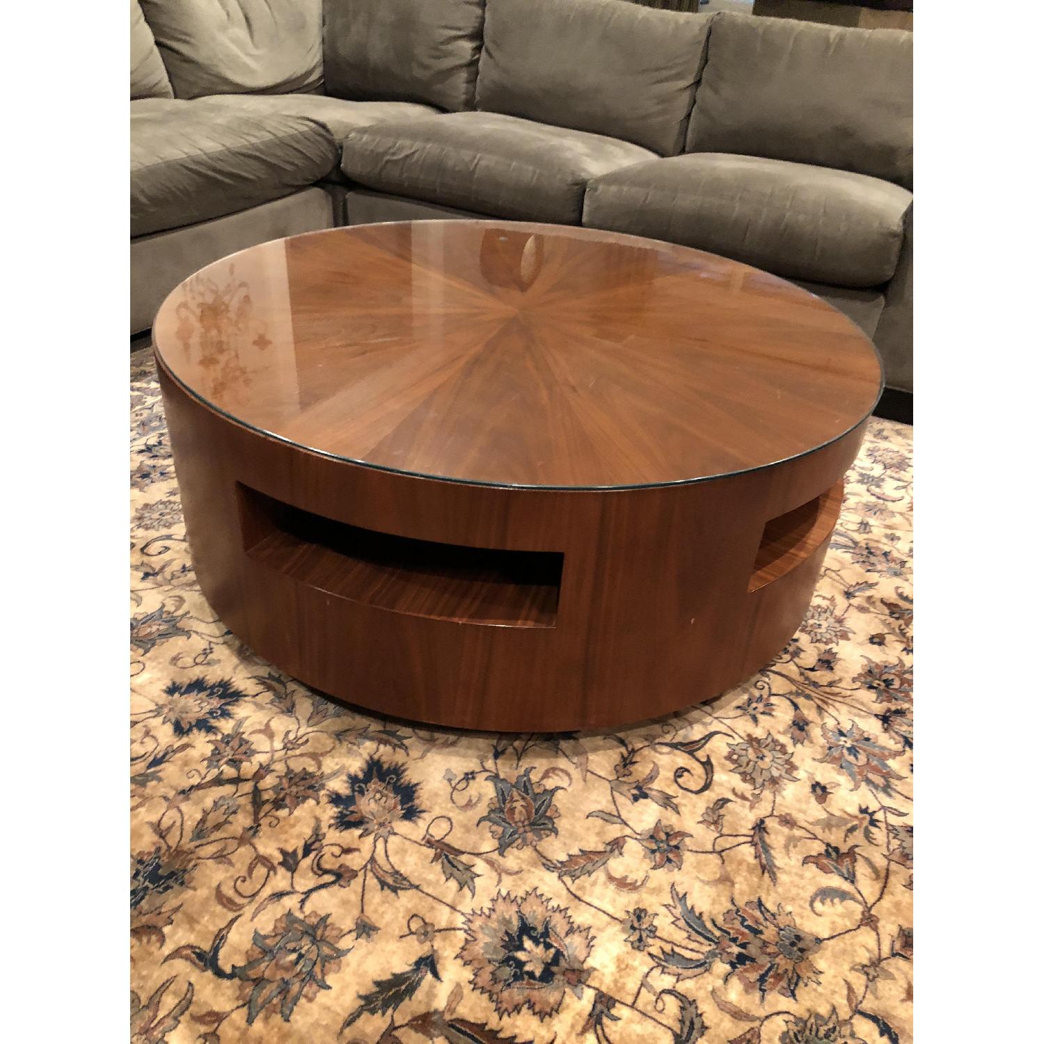Crate & Barrel Round Wood/Glass Coffee Table AptDeco