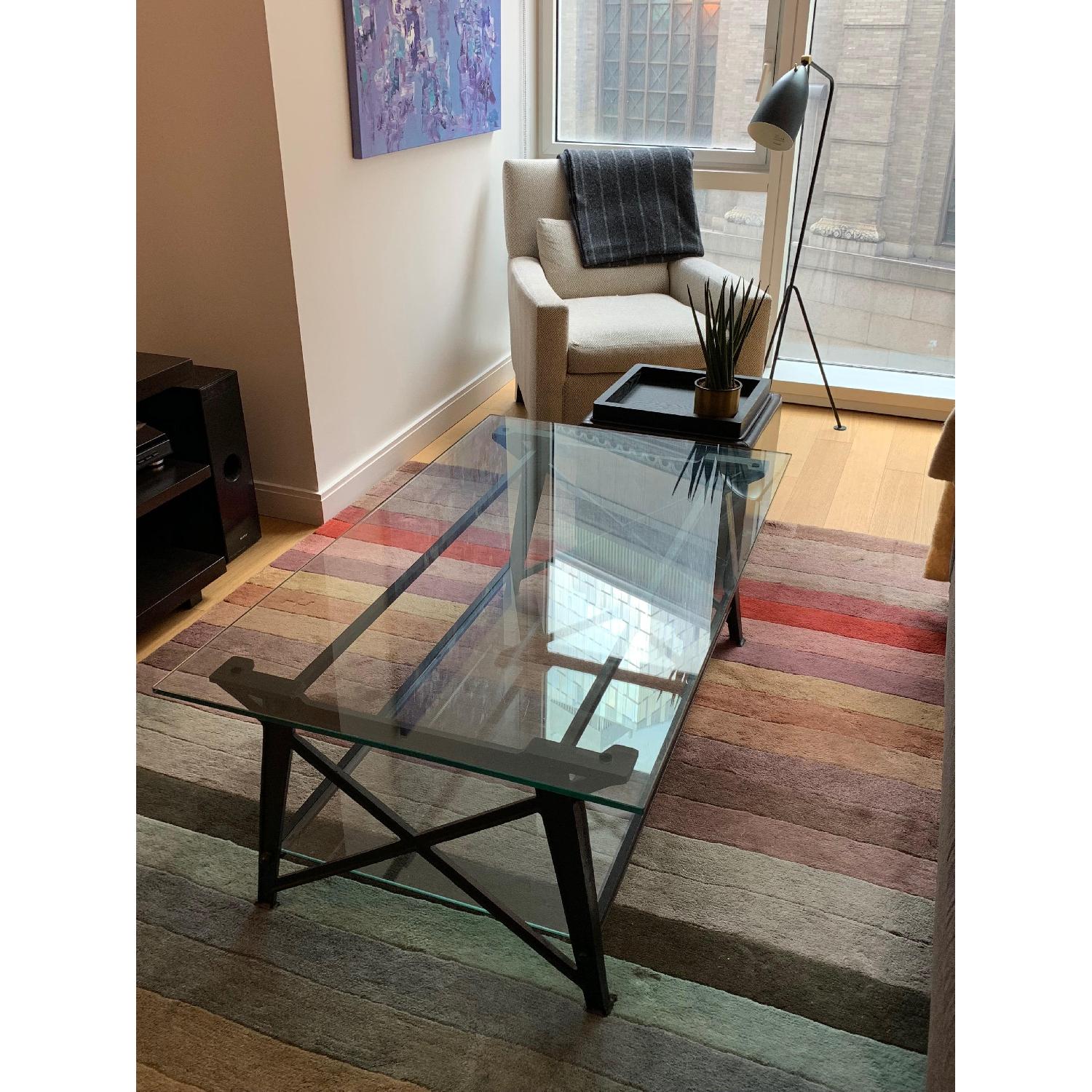 Pottery Barn Iron & Glass Coffee Table w/ Glass Shelf AptDeco