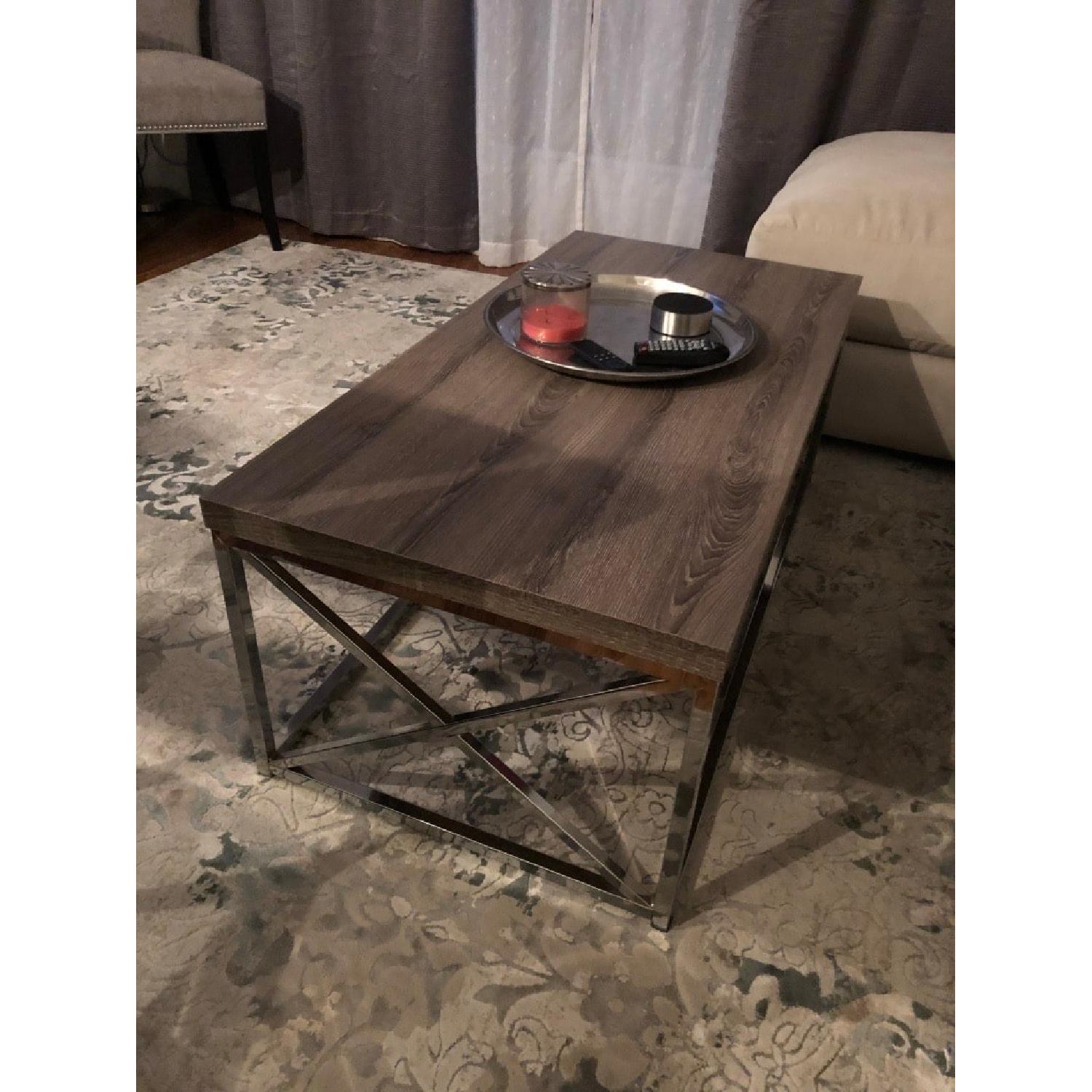 Wood & Silver Rectangular Coffee Table - image-3