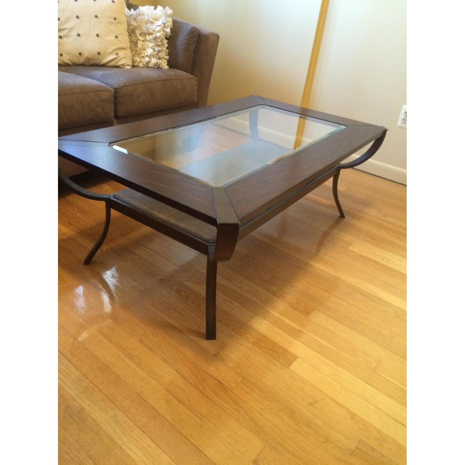 Value City Furniture Dark Wood & Beveled Glass Coffee Table - image-3