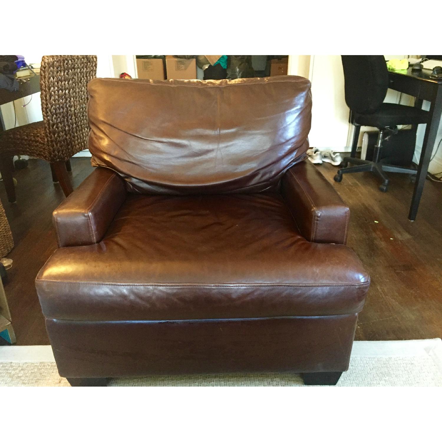 Pottery Barn Turner Burnished Walnut Leather Square Arm Chair - image-1