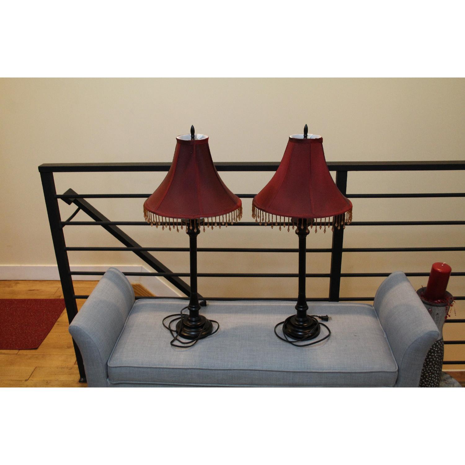 Kirkland's Black Table Lamps w/ Red Shades - image-1