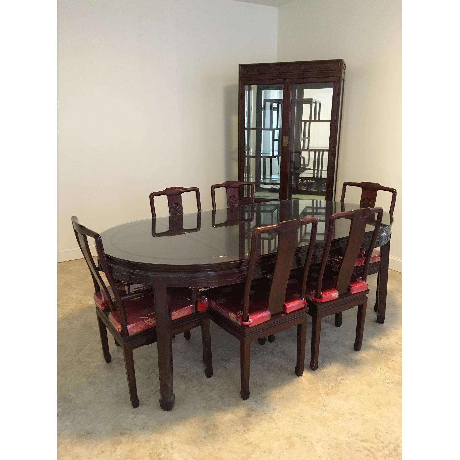 Vintage Chinese Rosewood Dining Table w/ 6 Chairs + China Closet - image-1